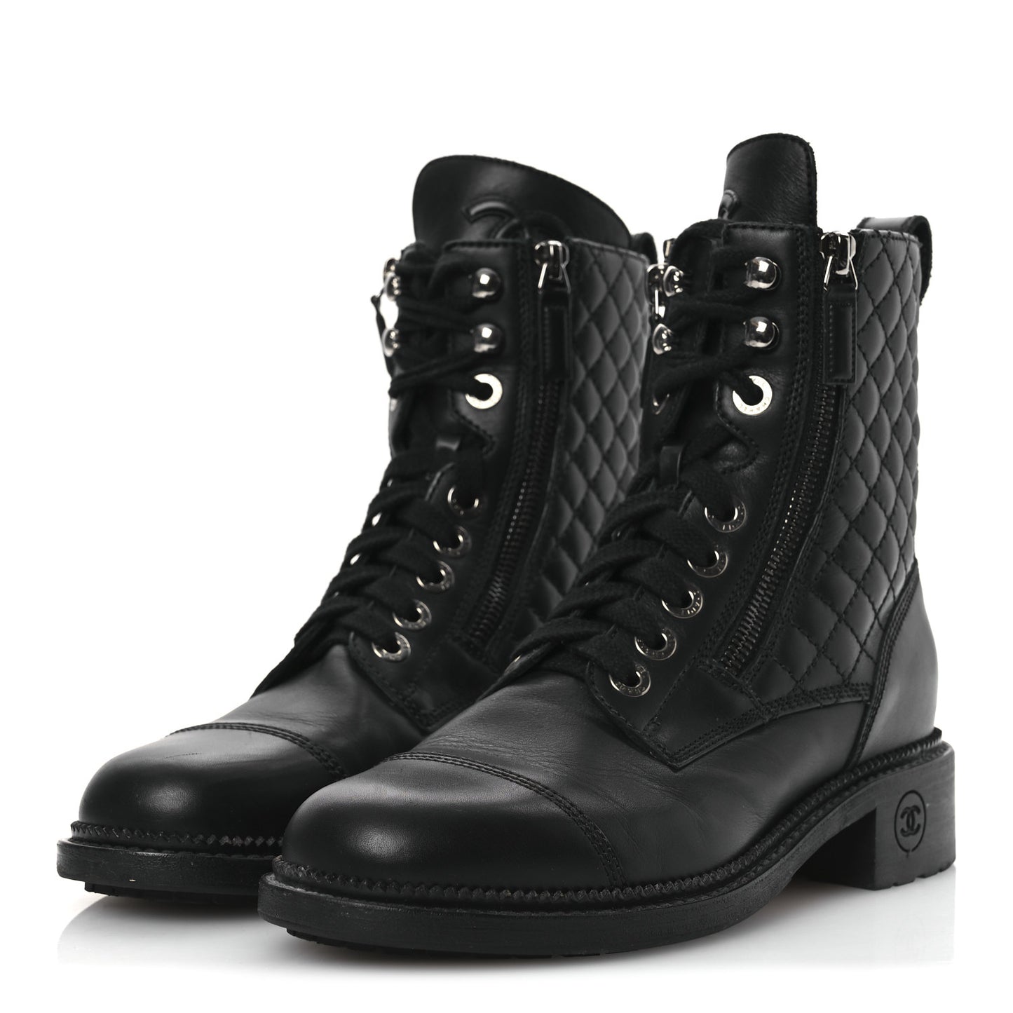 Calfskin Quilted Lace Up Combat Boots 37 Black