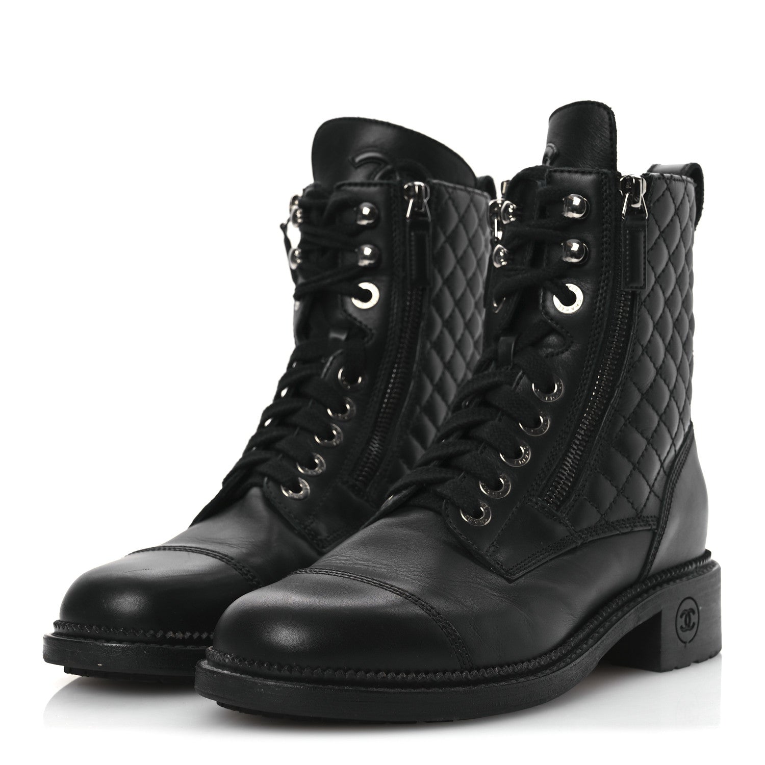 Chanel Calfskin Quilted Lace Up Combat Boots 37 Black 4 of 14