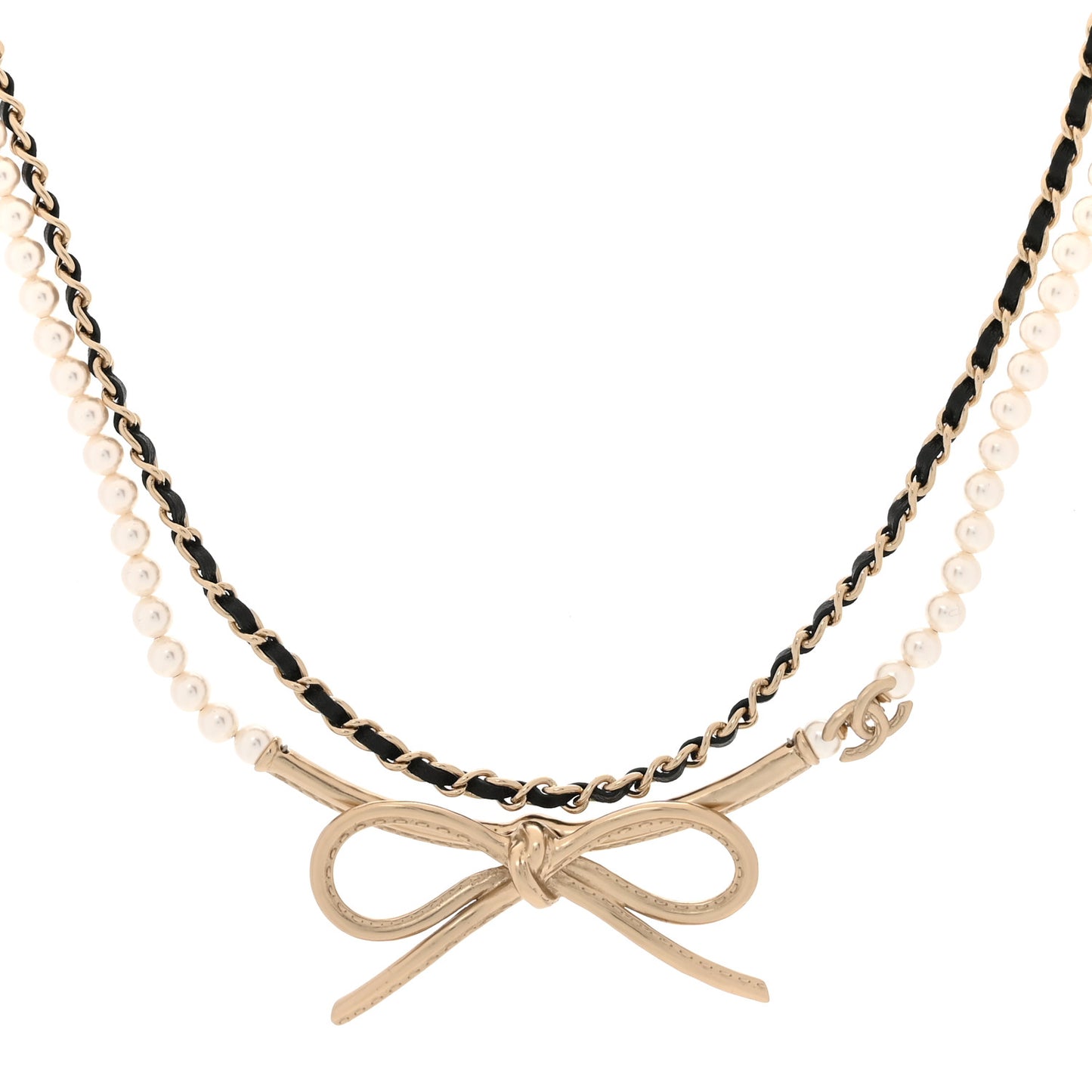 Calfskin Pearl Metal CC Bow Necklace Gold White Black