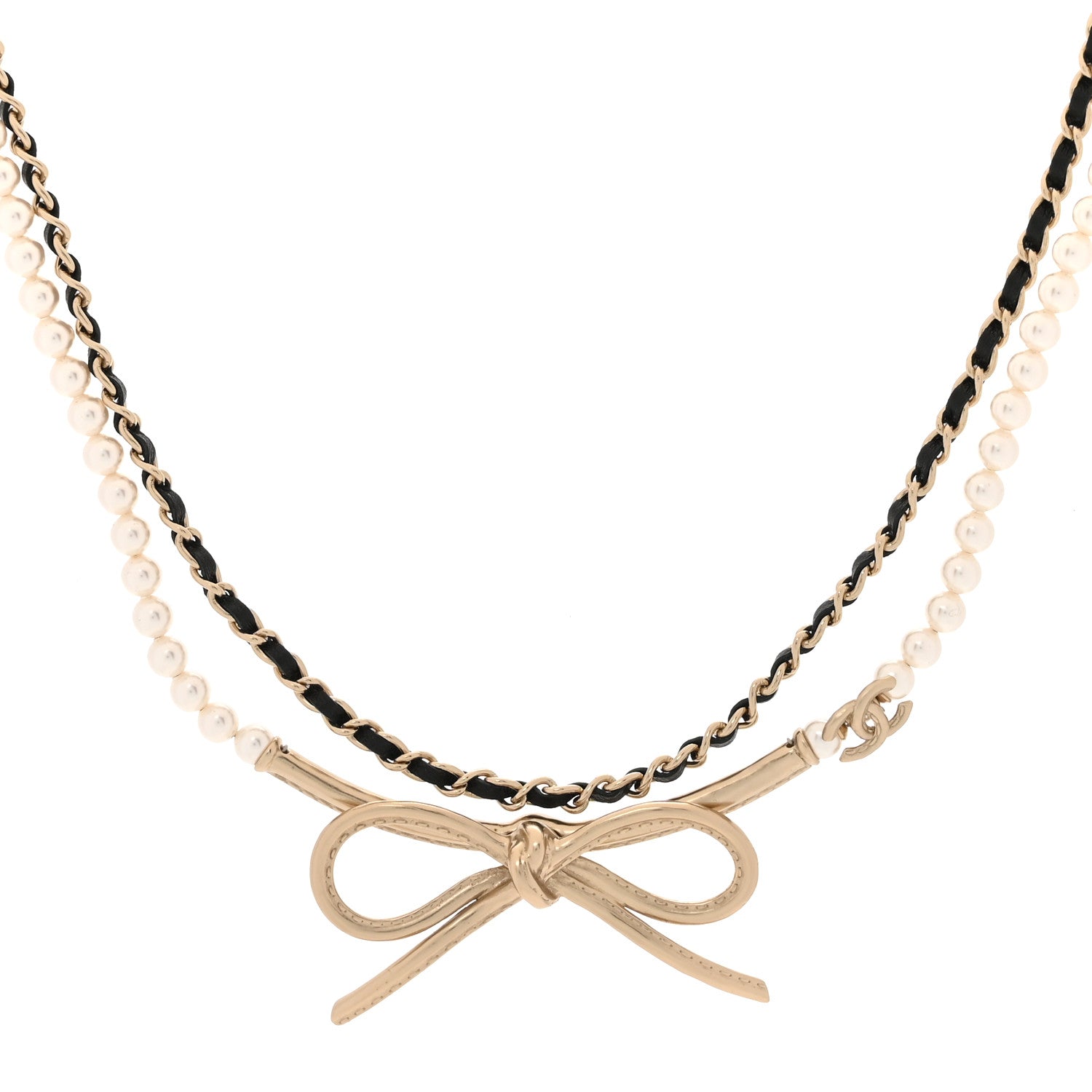 Chanel Calfskin Pearl Metal CC Bow Necklace Gold White Black 1 of 5