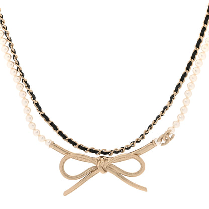 Chanel Calfskin Pearl Metal CC Bow Necklace Gold White Black 1 of 5