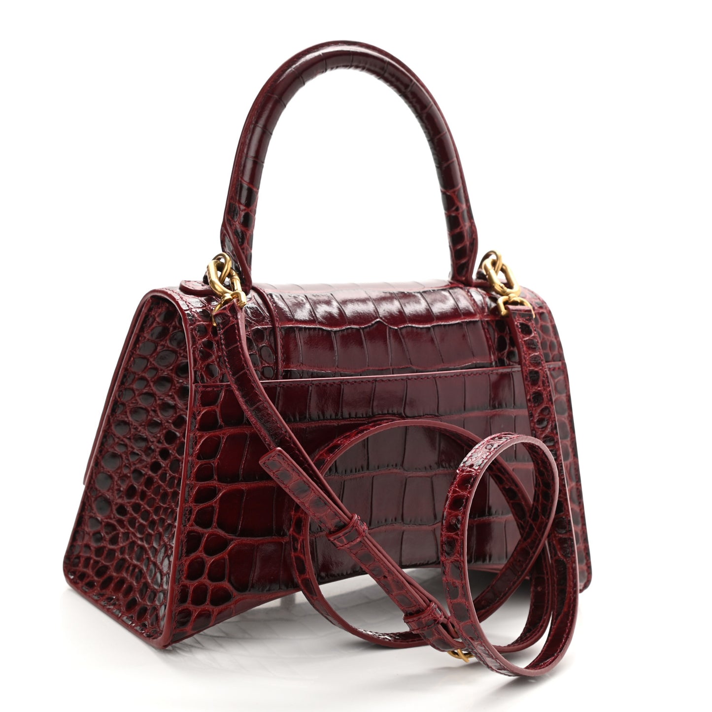 Shiny Calfskin Crocodile Embossed Small Hourglass Top Handle Bag Dark Red
