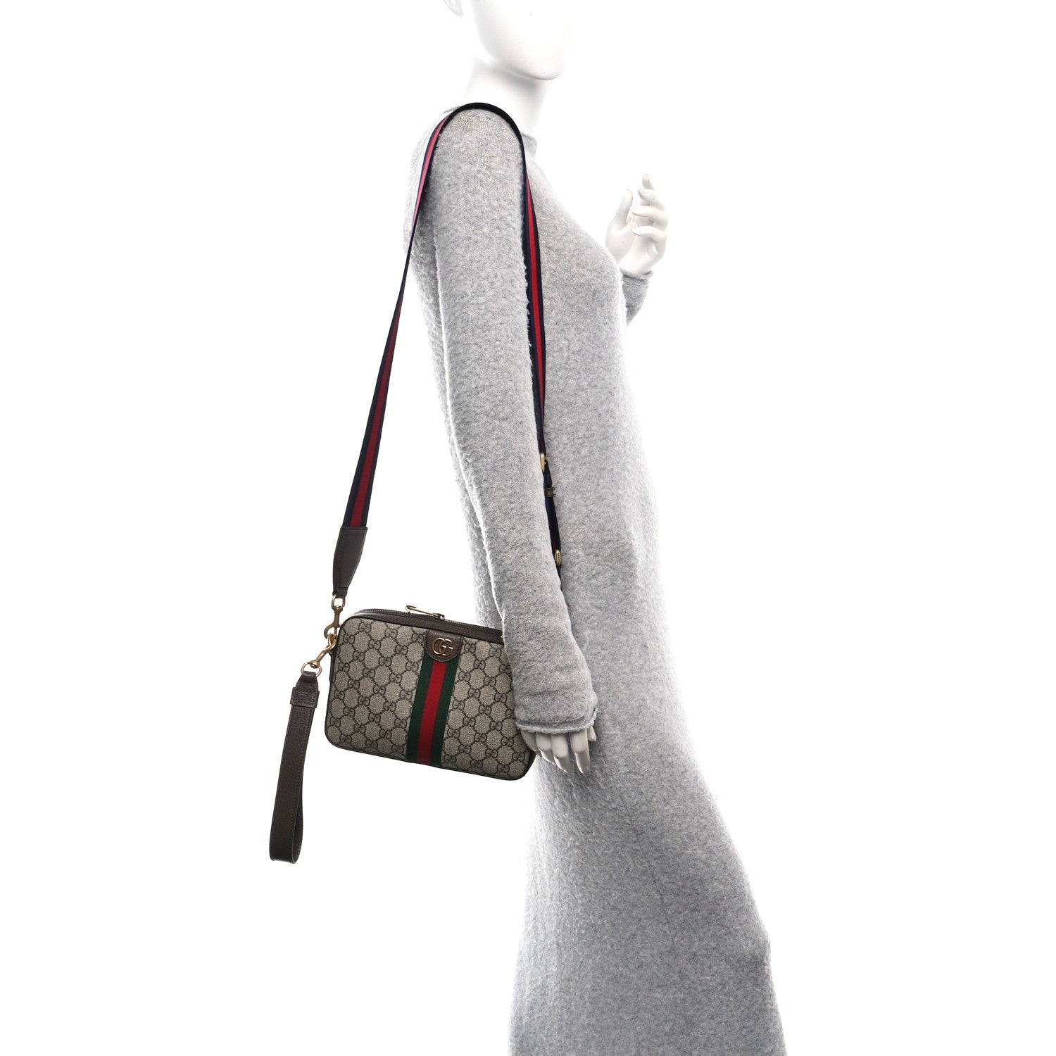 Gucci GG Supreme Monogram Textured Dollar Calfskin Web Ophidia Wristlet Shoulder Bag Beige Ebony New Acero 2 of 12