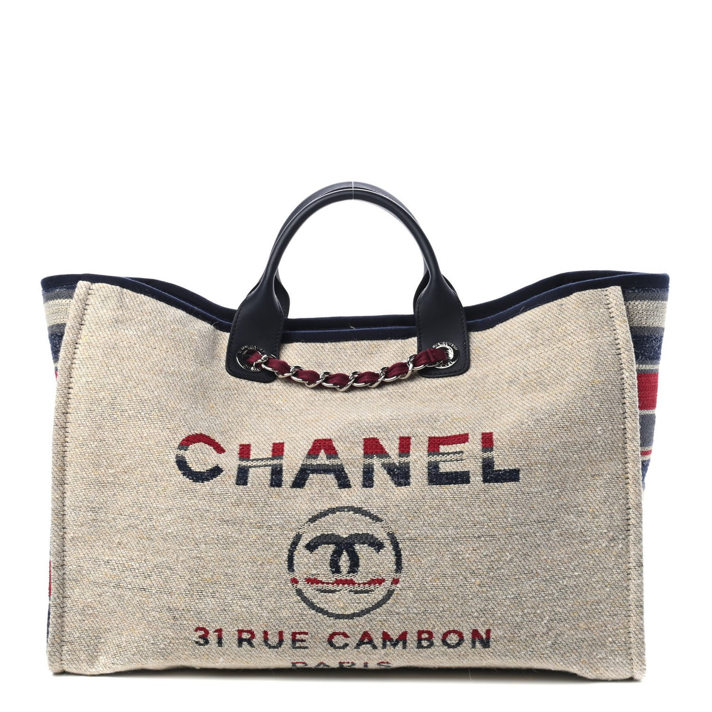 Striped Canvas Large Deauville Tote Beige