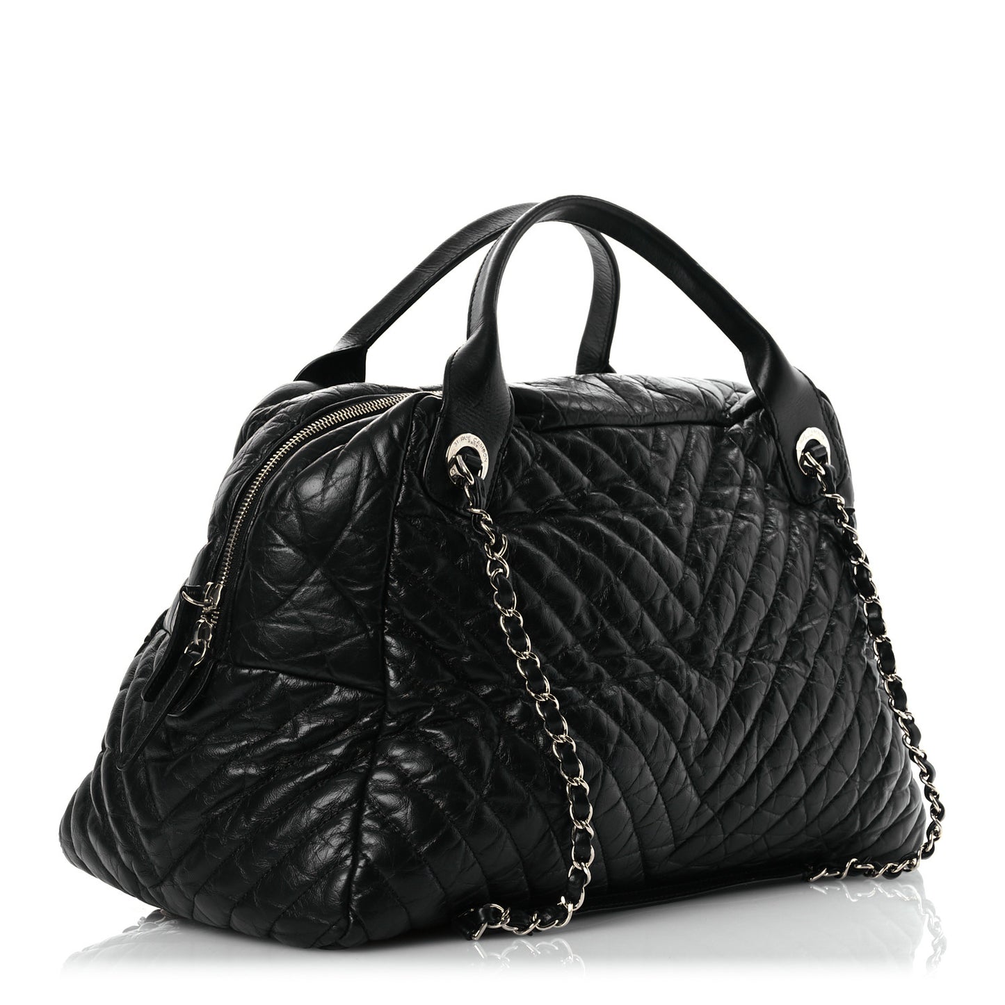 Aged Calfskin Chevron Large Soft Bowling Bag Black