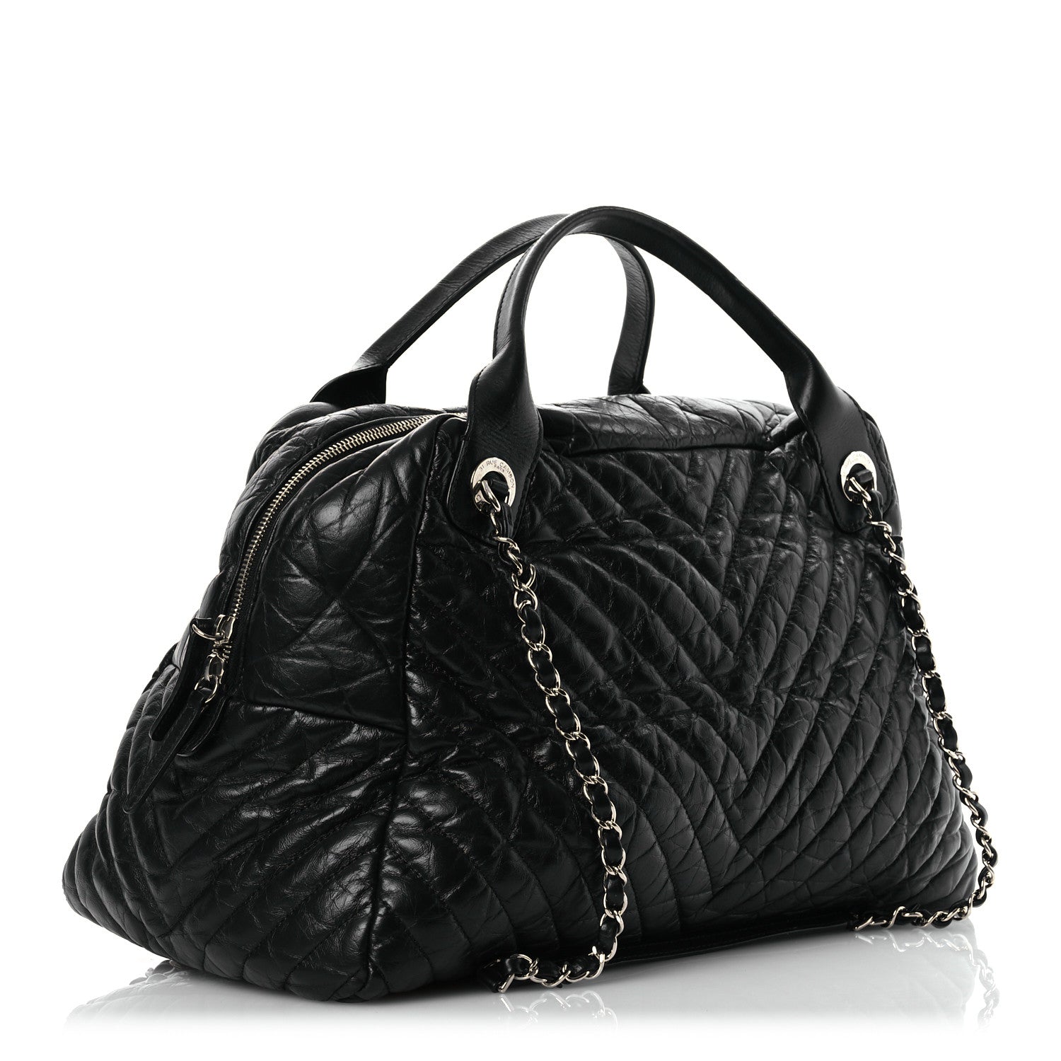 Chanel Aged Calfskin Chevron Large Soft Bowling Bag Black 3 of 17