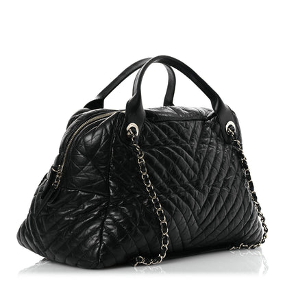 Chanel Aged Calfskin Chevron Large Soft Bowling Bag Black 3 of 17