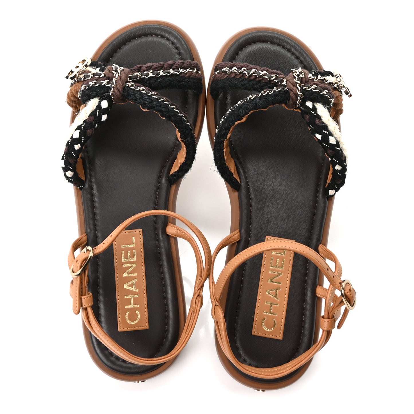Lambskin Cord Chain CC Sandals 37 Brown Black Ivory