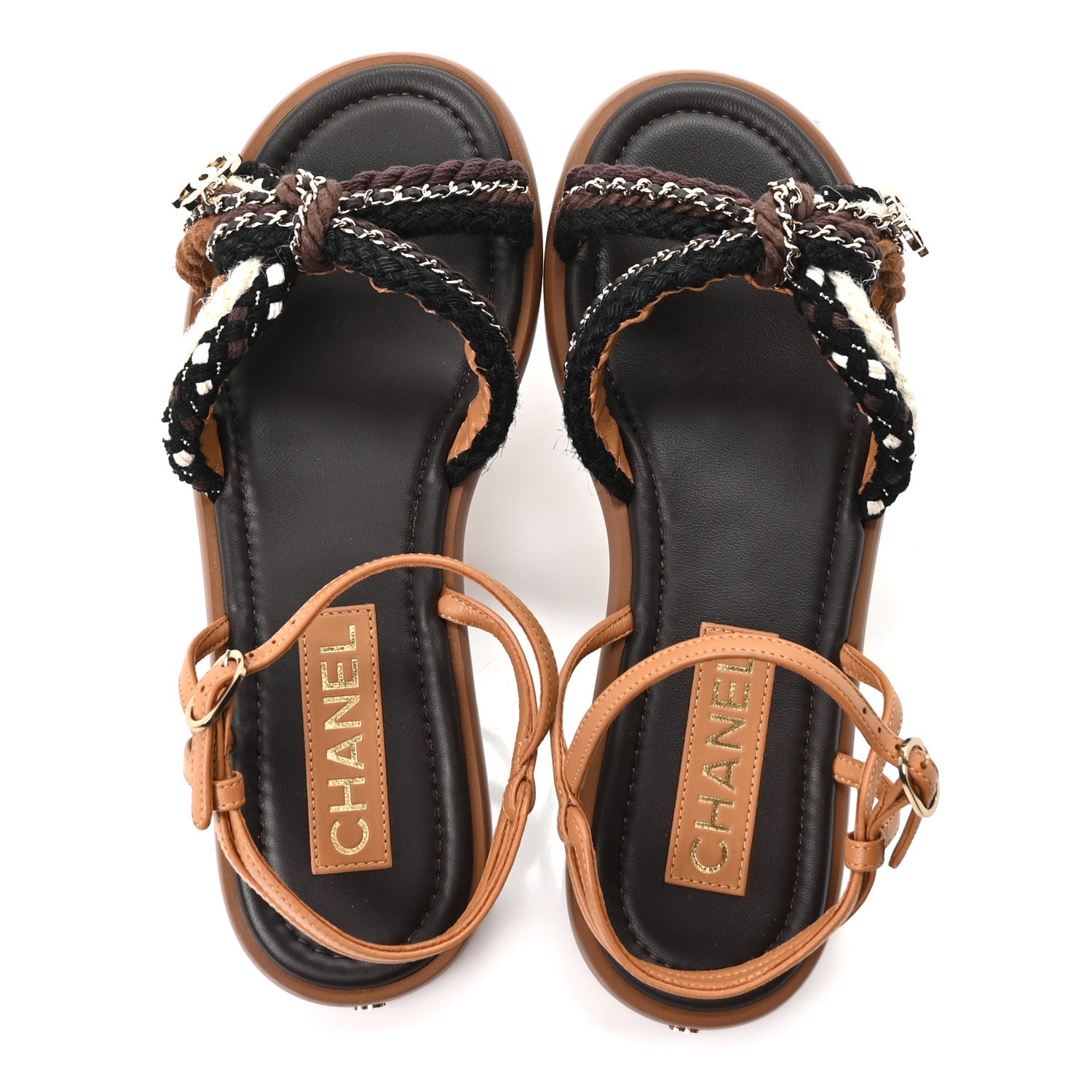 Chanel Lambskin Cord Chain CC Sandals 37 Brown Black Ivory 2 of 10