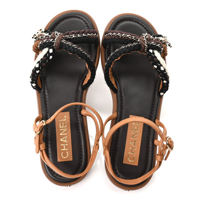 Chanel Lambskin Cord Chain CC Sandals 37 Brown Black Ivory 2 of 10