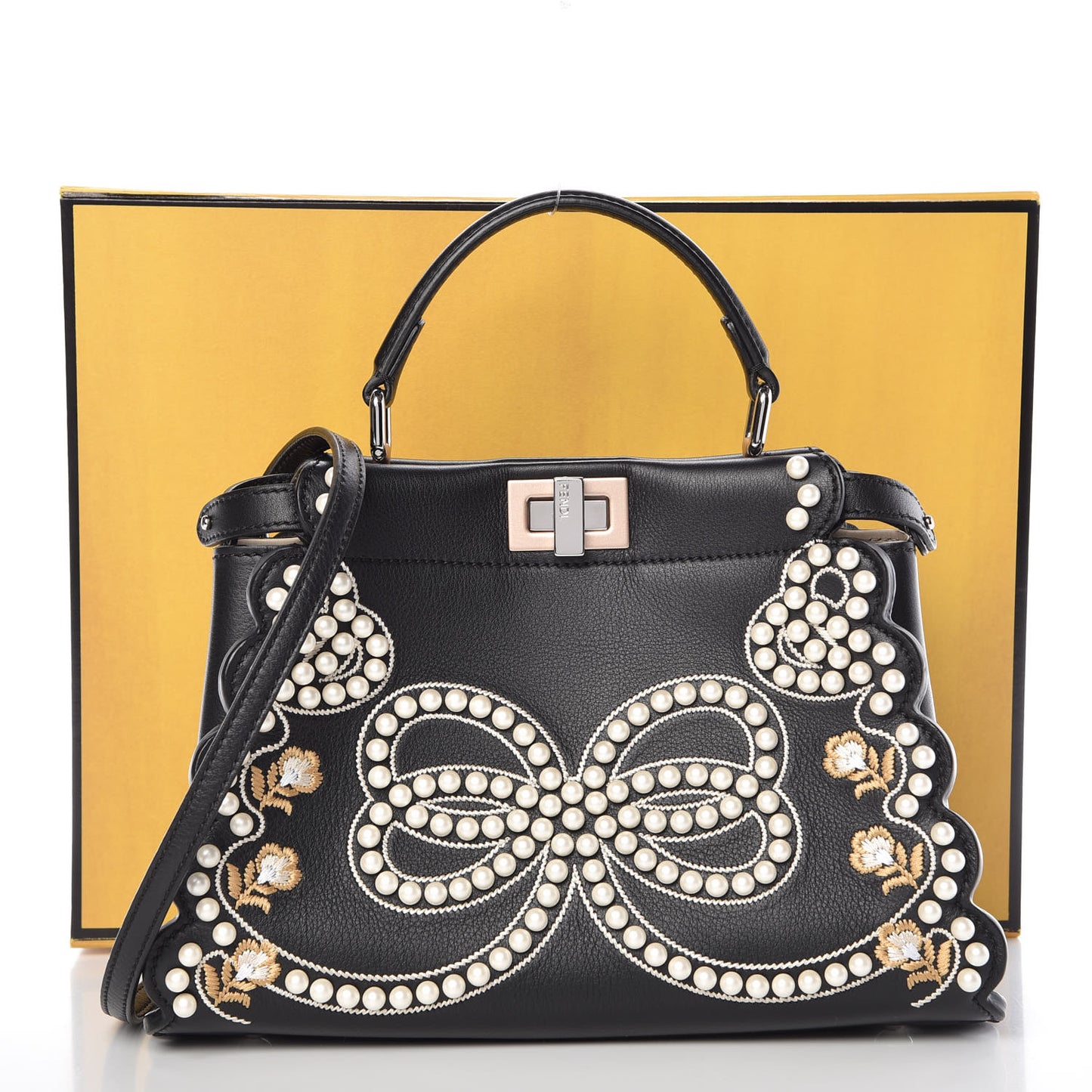 Calfskin Flowers and Bows Scalloped Mini Peekaboo Iconic Satchel Black Camelia