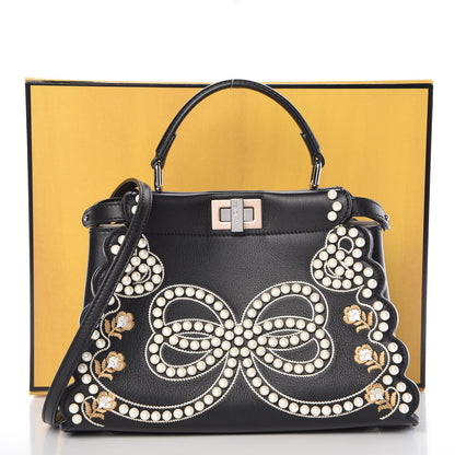Fendi Calfskin Flowers and Bows Scalloped Mini Peekaboo Iconic Satchel Black Camelia 11 of 11