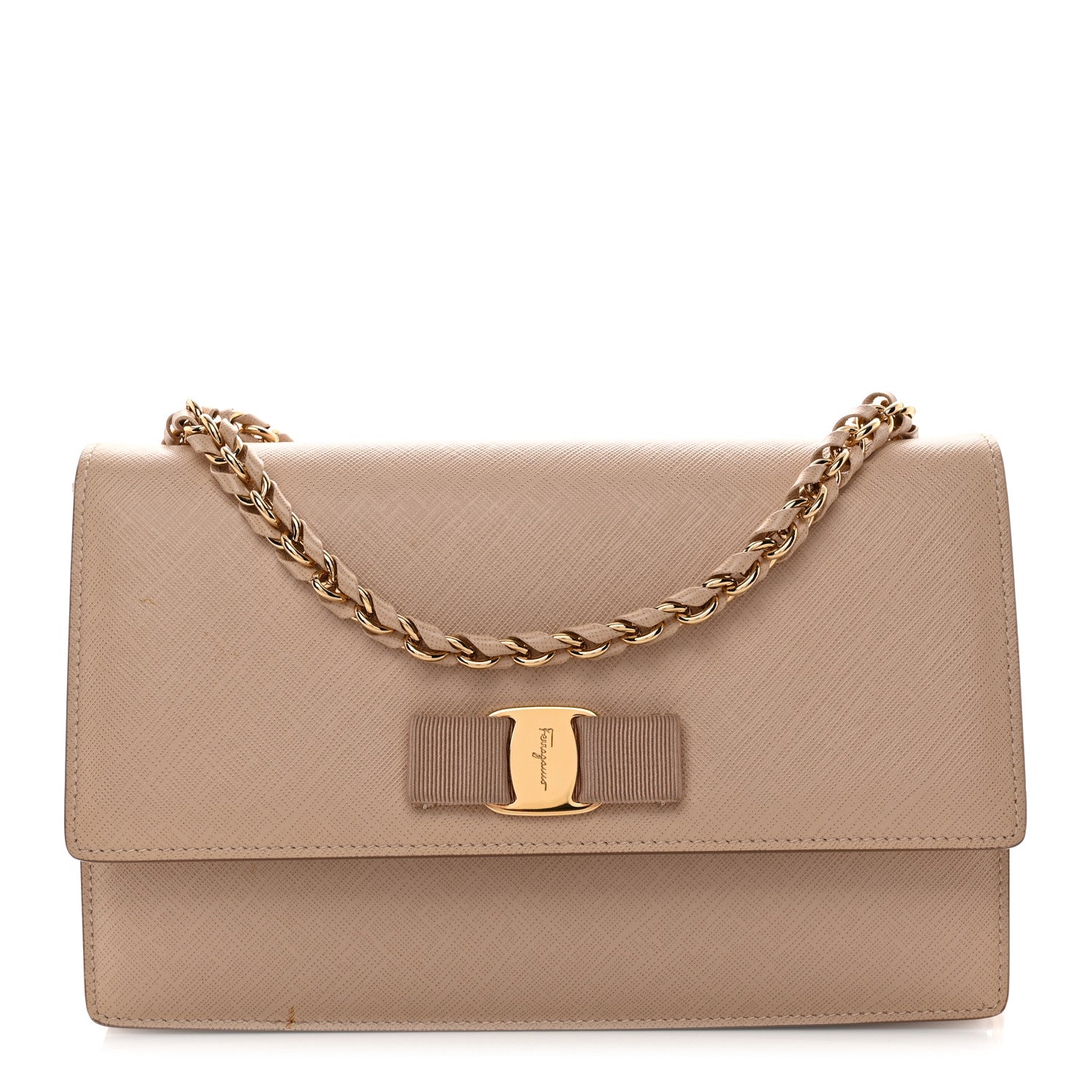 Salvatore Ferragamo Printed Calfskin Vara Bow Chain Flap Crossbody New Bisque 1 of 9