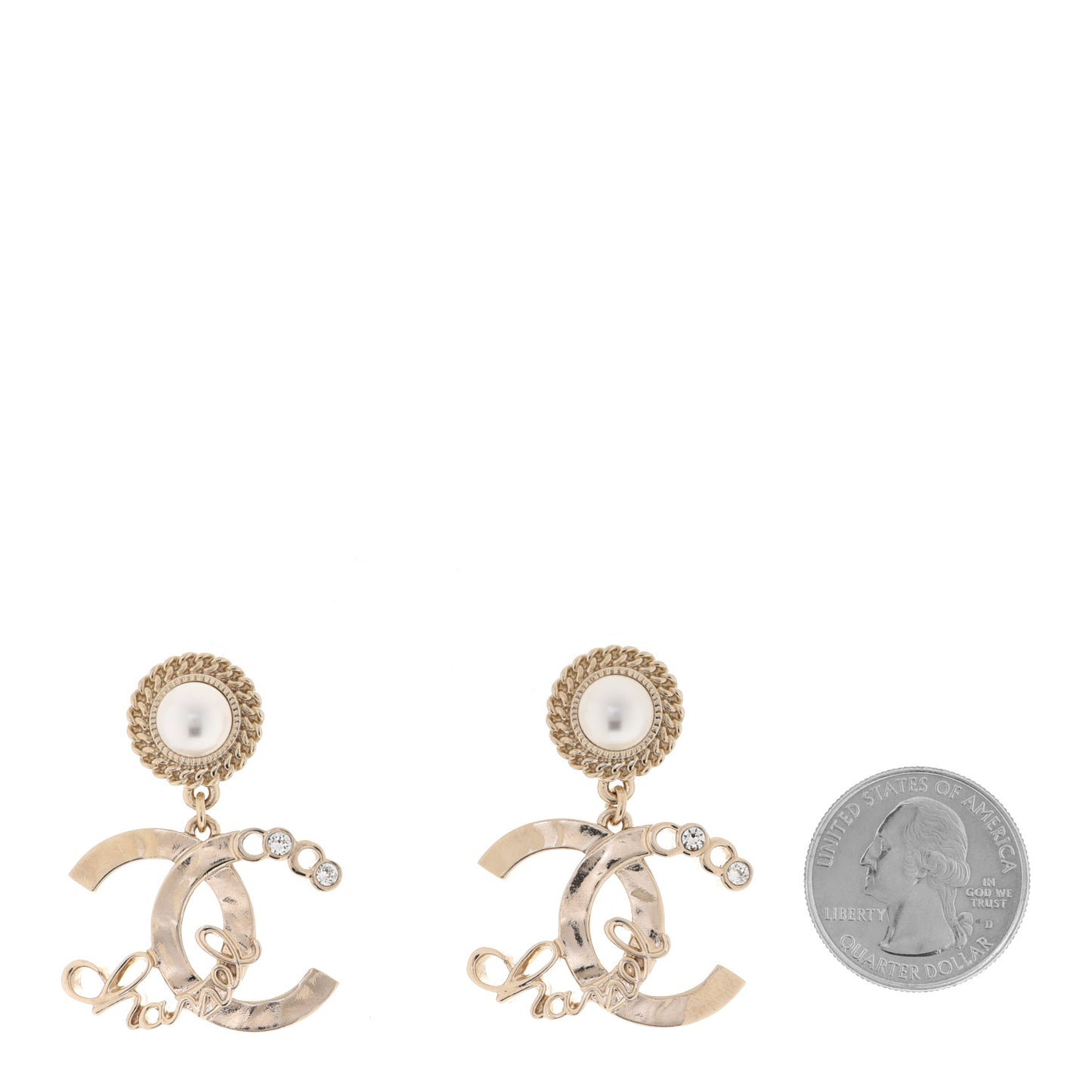 Pearl Crystal CC Logo Drop Earrings Gold