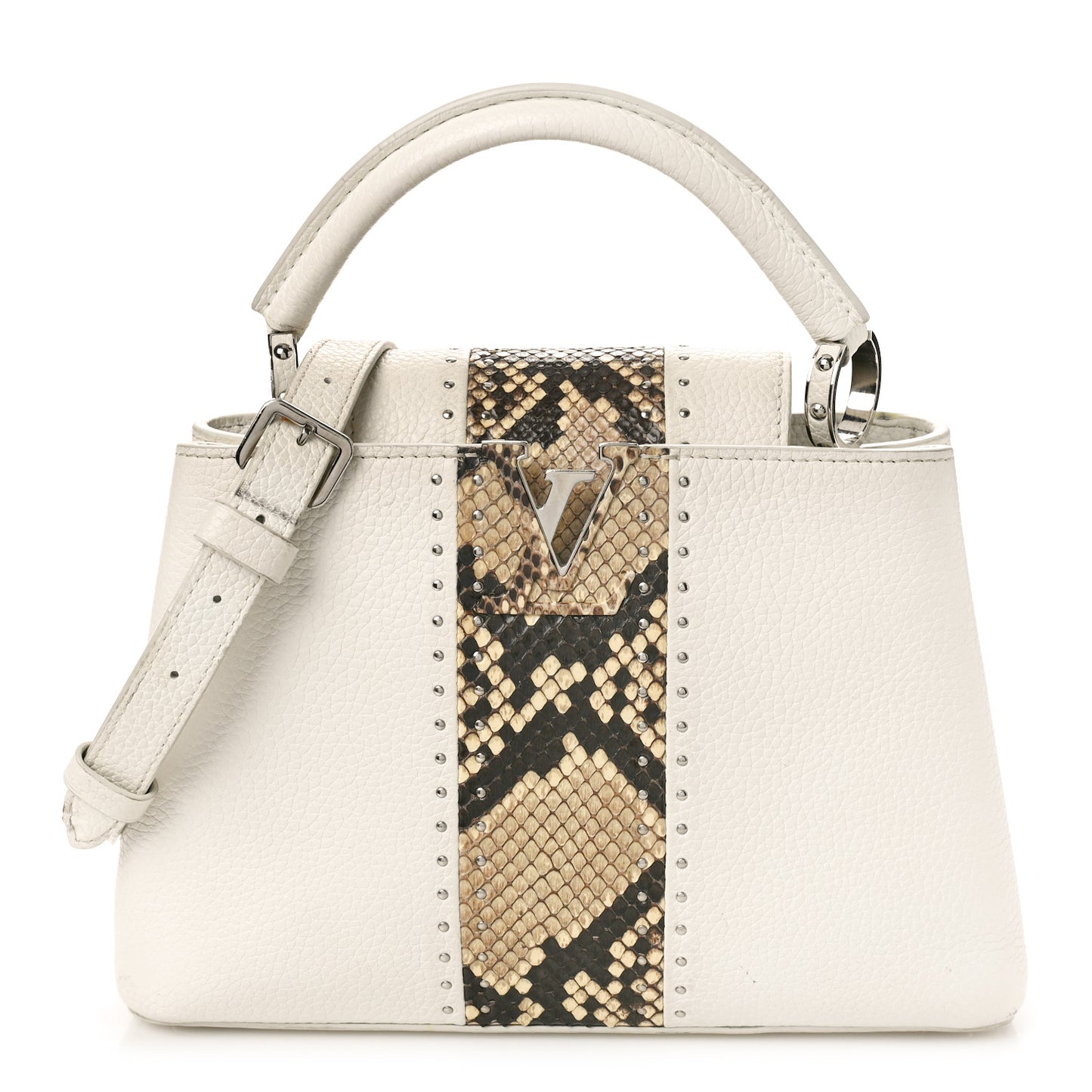 Taurillon Snakeskin Studded Capucines BB White