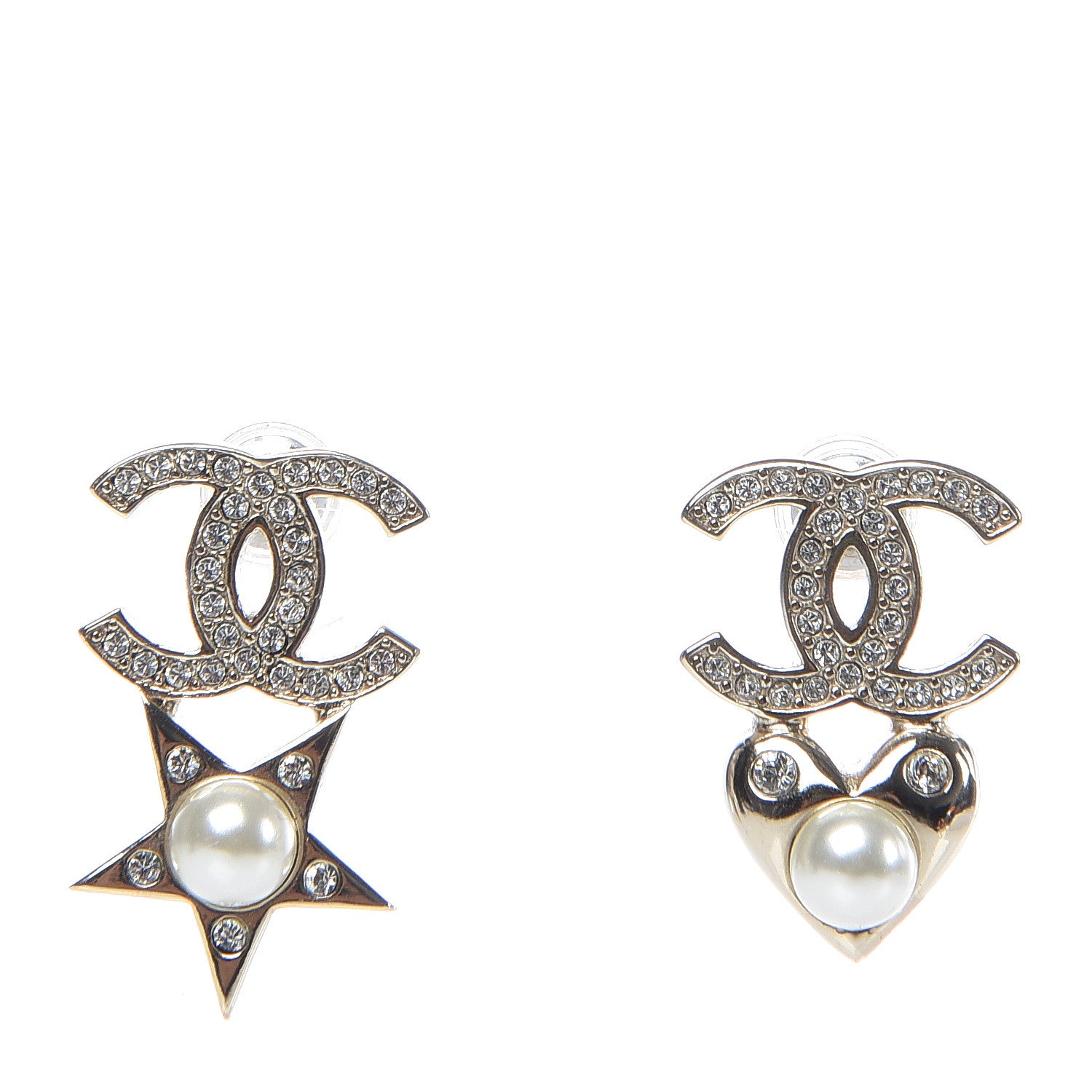 Chanel Crystal Pearl Charming Winter CC Star Heart Earrings Gold 1 of 5