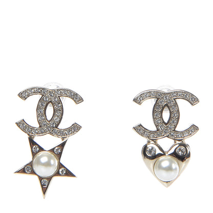Chanel Crystal Pearl Charming Winter CC Star Heart Earrings Gold 1 of 5