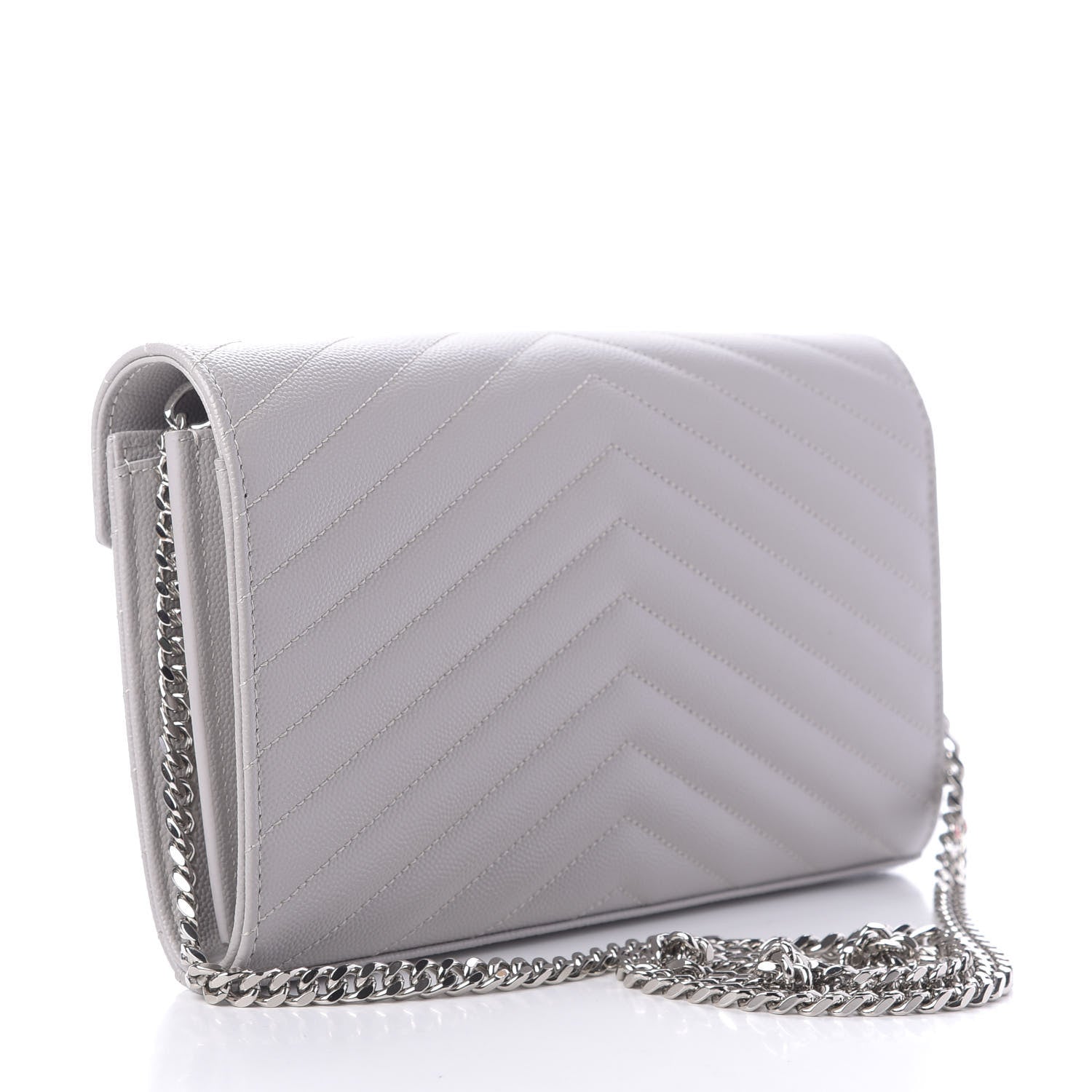 Saint Laurent Grain De Poudre Matelasse Chevron Monogram Chain Wallet Light Grey 3 of 9