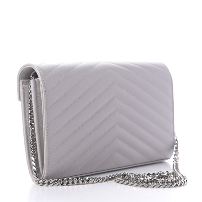 Saint Laurent Grain De Poudre Matelasse Chevron Monogram Chain Wallet Light Grey 3 of 9
