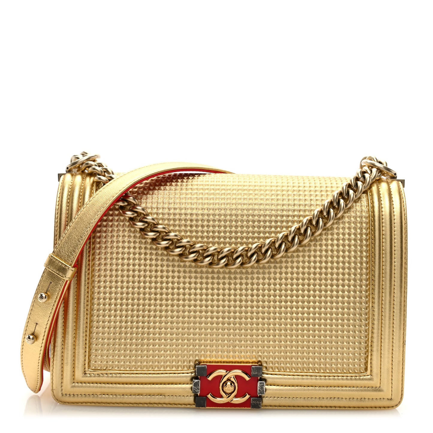 Metallic Lambskin Embossed Large Boy Cube Flap Gold