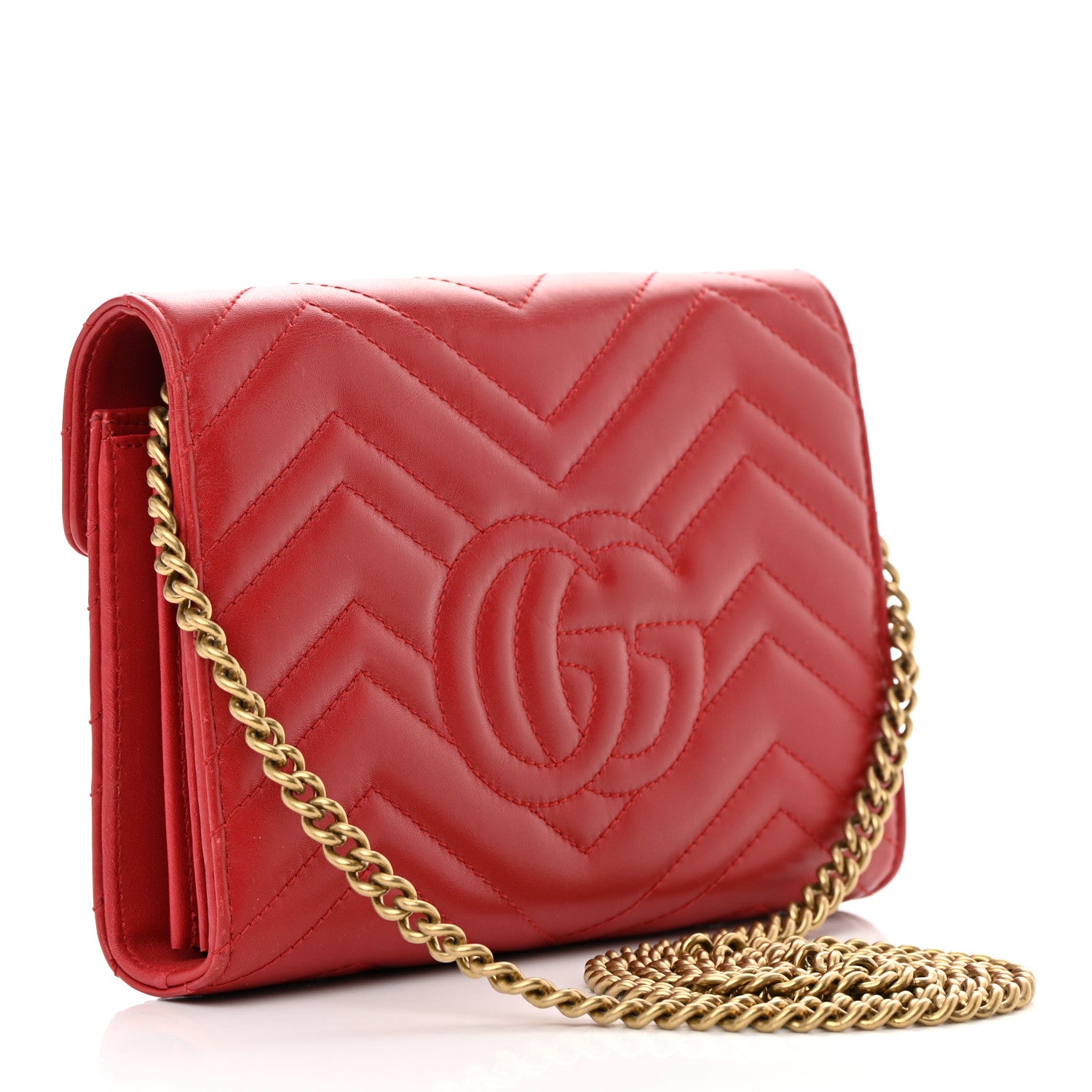 Gucci Calfskin Matelasse GG Marmont Chain Wallet Hibiscus Red 3 of 12