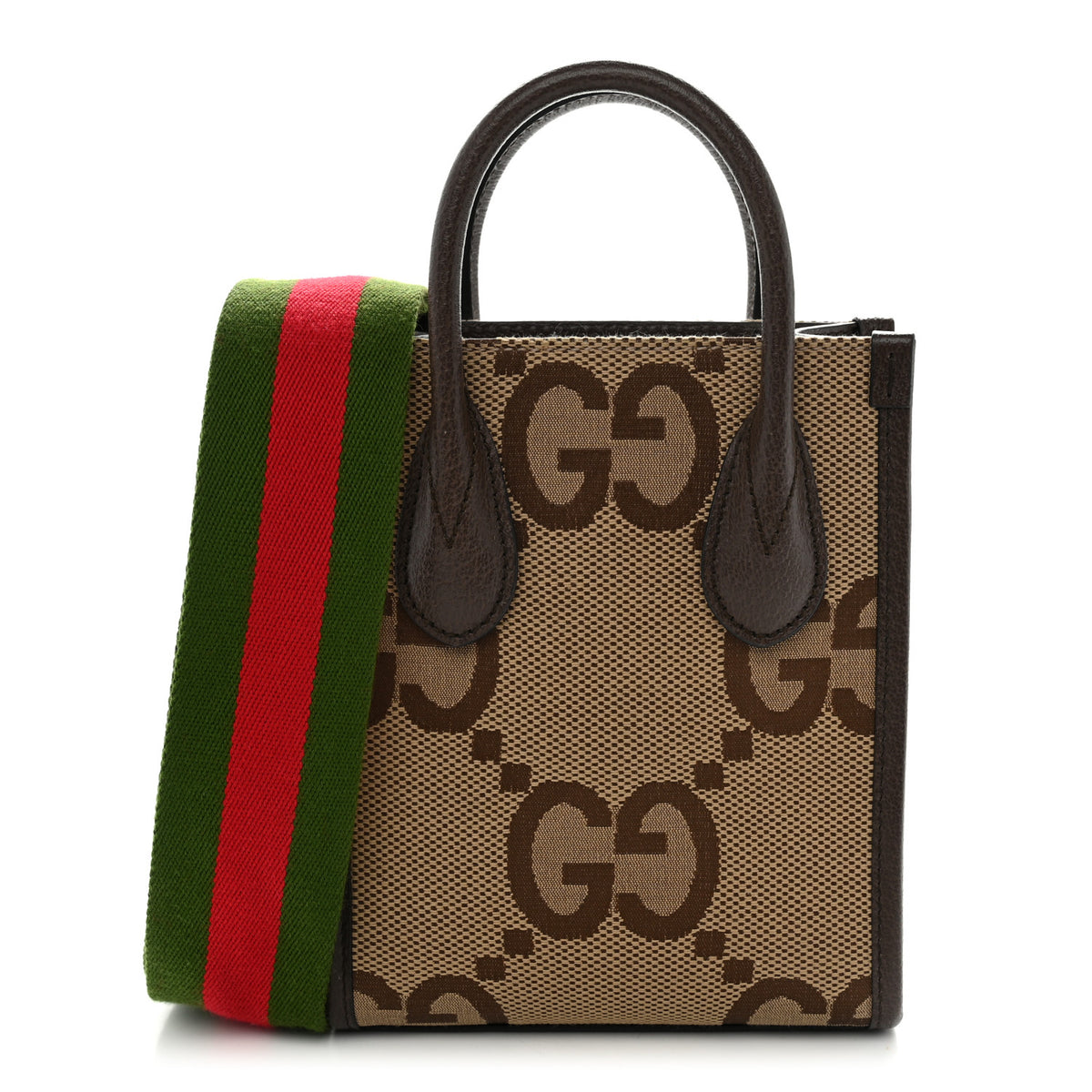 Monogram Jumbo GG Textured Dollar Calfskin Web Mini Vertical Tote Camel Ebony New Acero