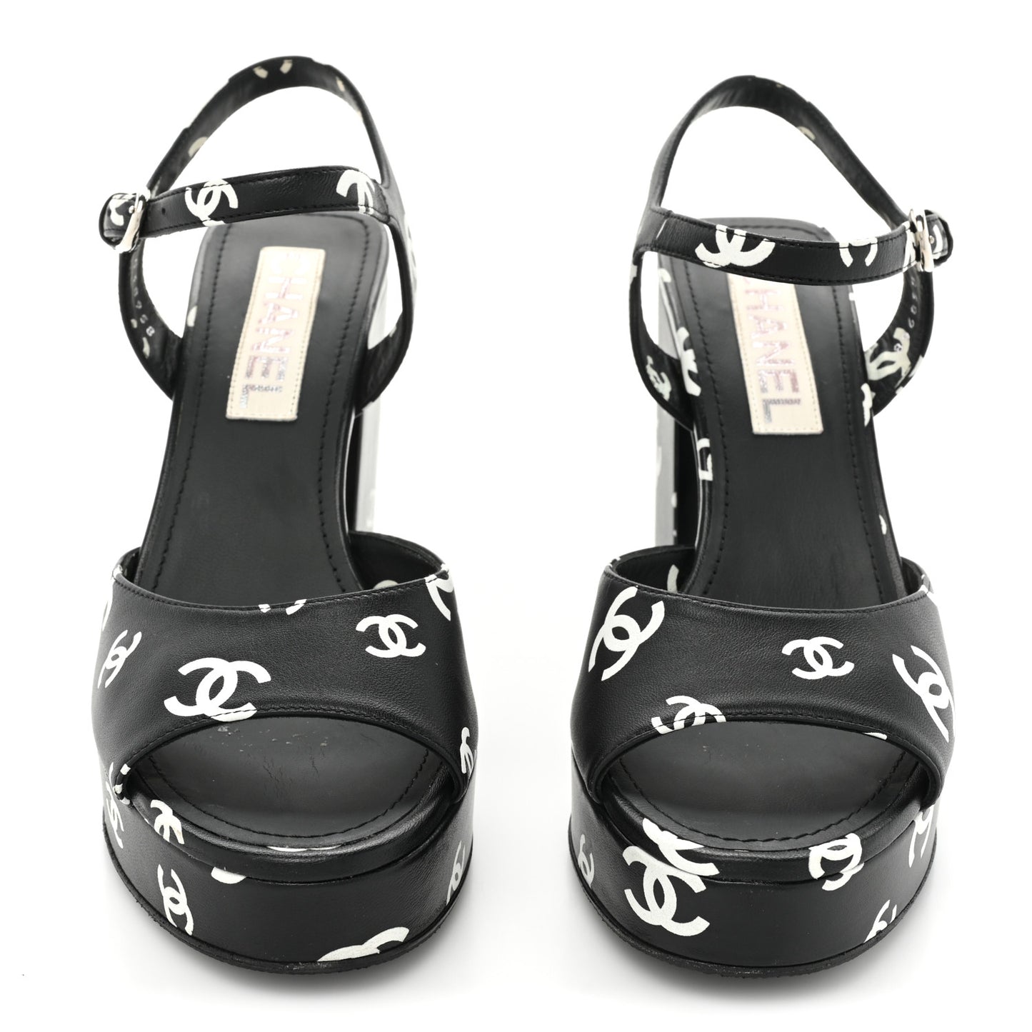 Printed Lambskin CC Platform Sandals 38 Black White