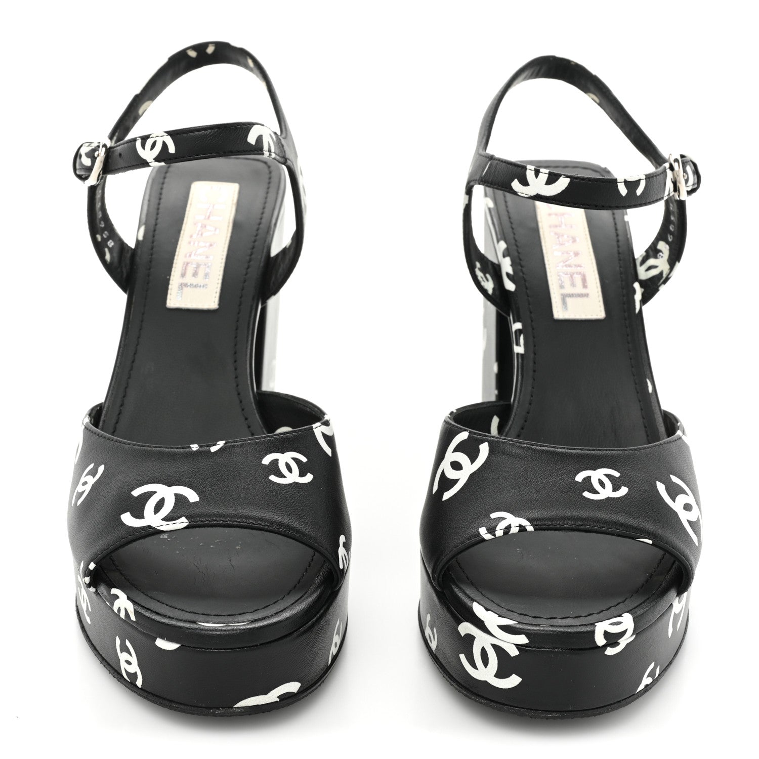 Chanel Printed Lambskin CC Platform Sandals 38 Black White 2 of 15