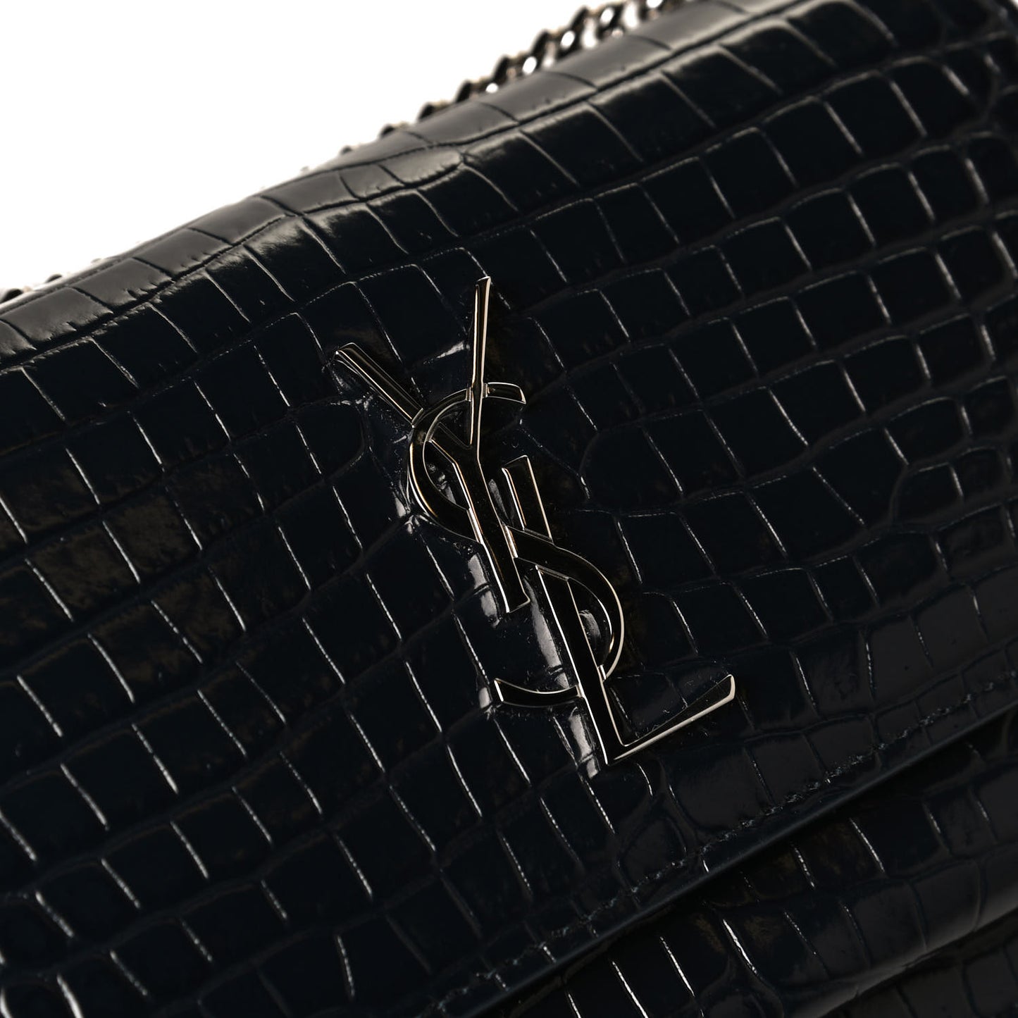 Calfskin Crocodile Embossed Monogram Sunset Chain Wallet Navy