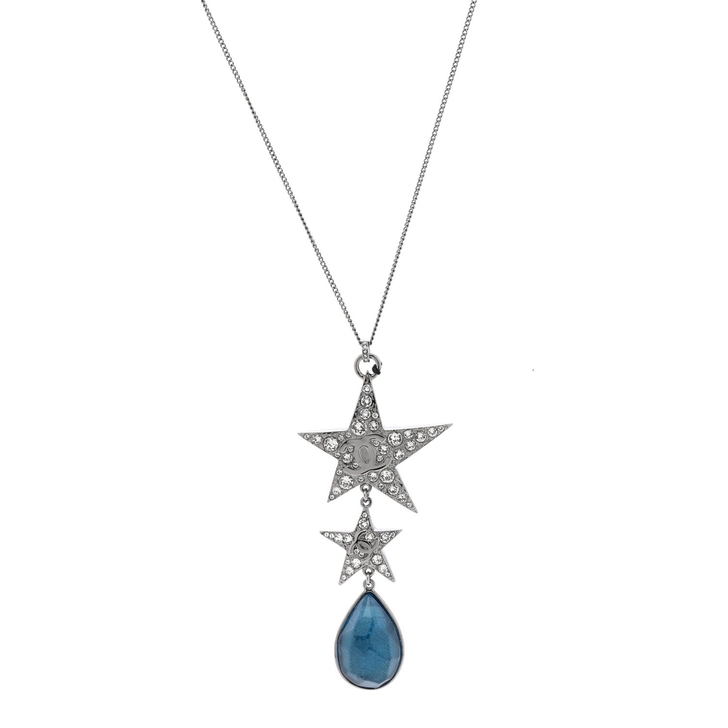 Chanel Crystal Resin CC Star Drop Necklace Silver Blue 1 of 6