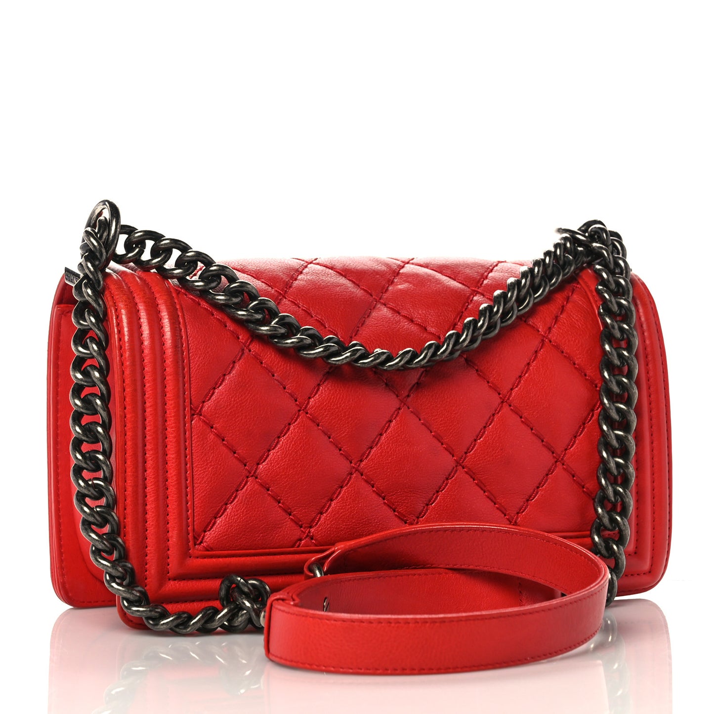 Calfskin Quilted Double Stitch Medium Boy Flap Red