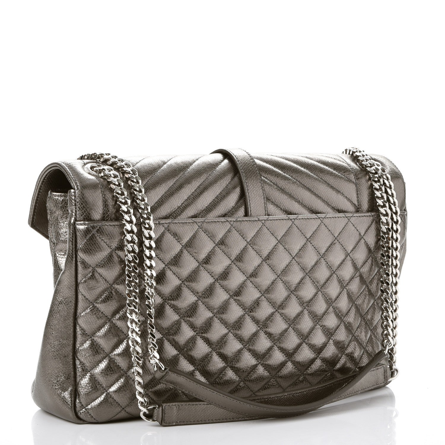Saint Laurent Metallic   Metallic Calfskin Mixed Matelasse Triquilt Large Monogram Envelope Satchel Graphite 4 of 9