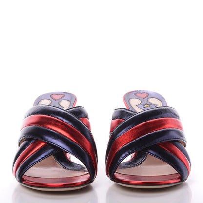 Gucci Metallic Nappa Crossover Mid Heel Slide Sandals 39.5 Blue Flame Red 2 of 9