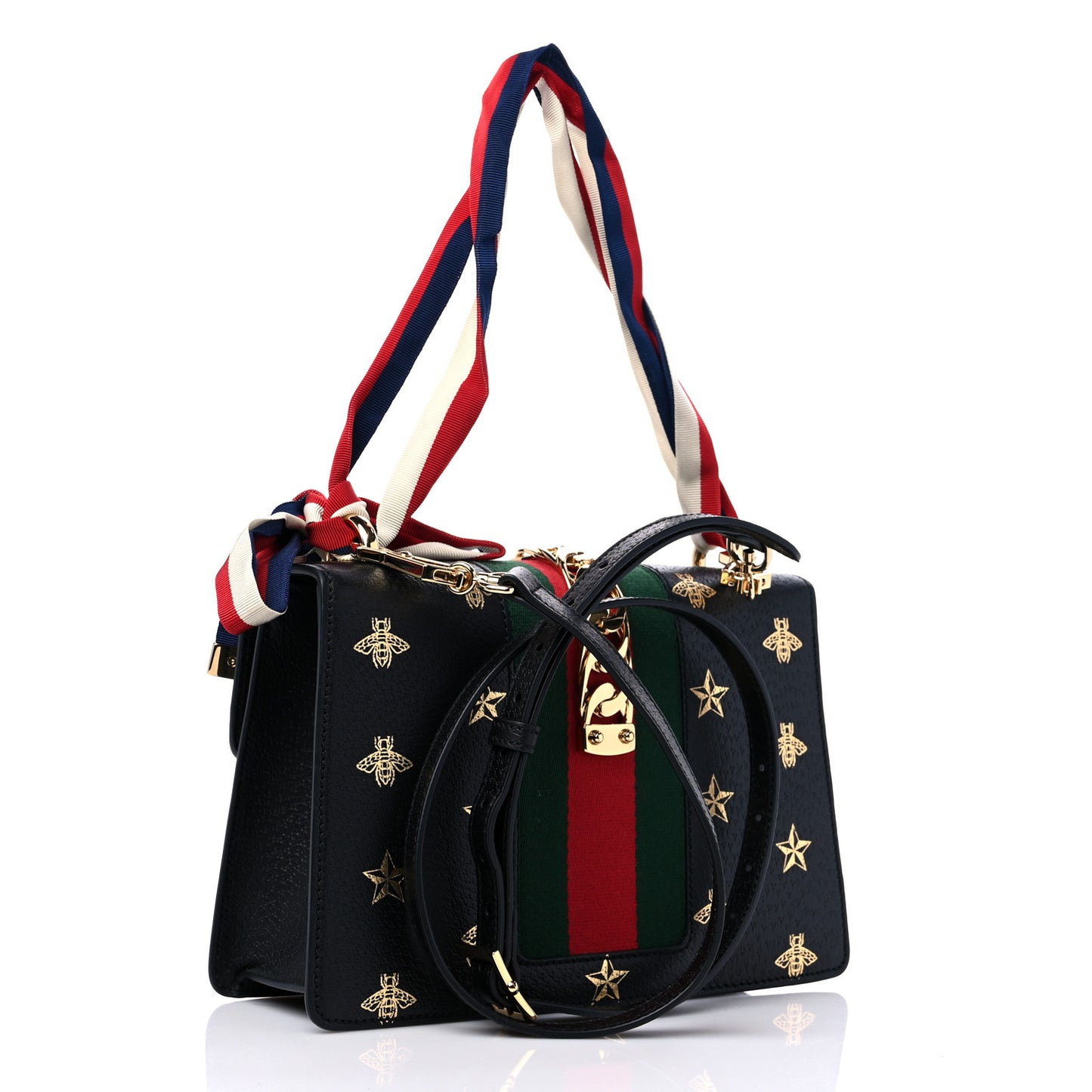 Textured Calfskin Bee Star Print Small Sylvie Shoulder Bag Black