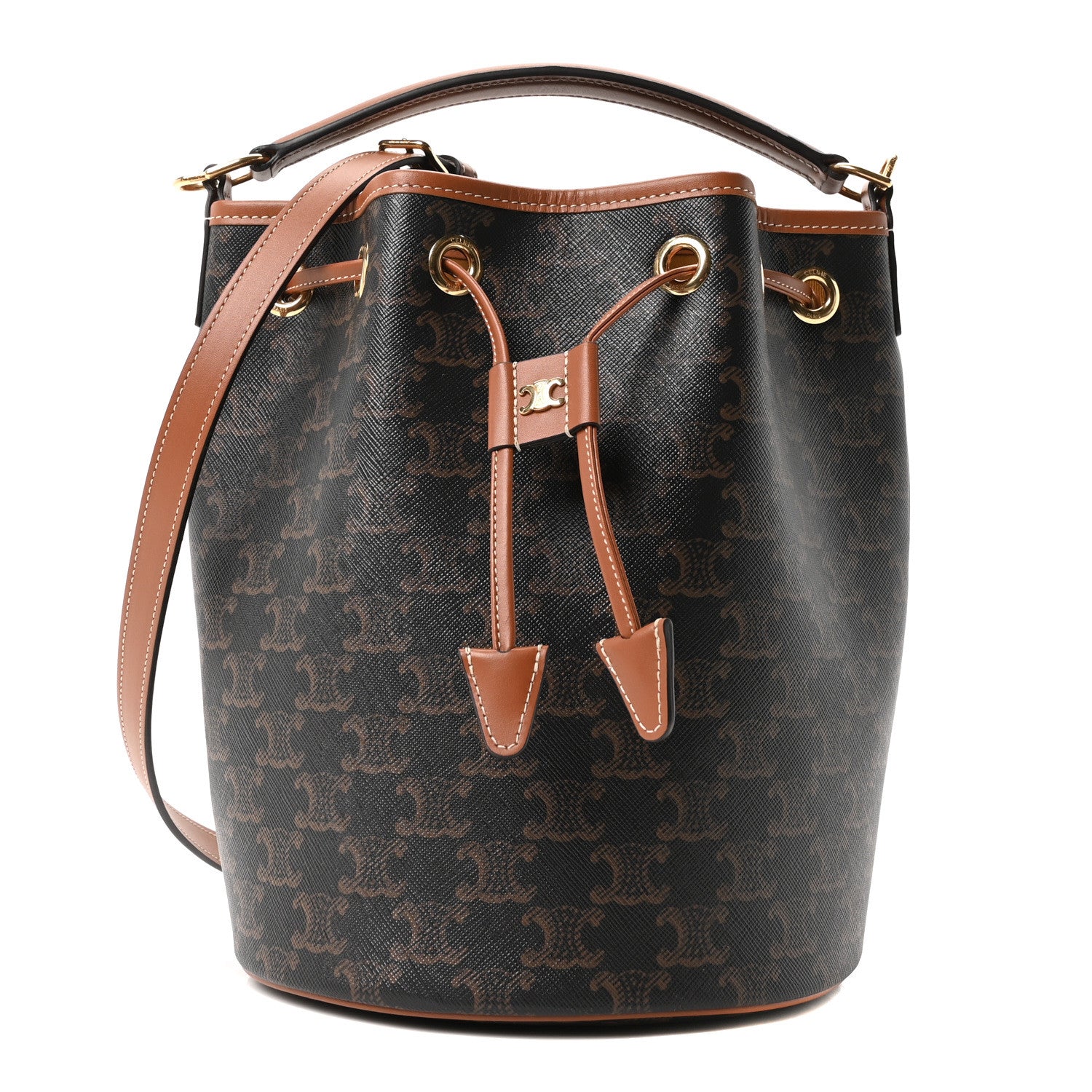 Celine Triomphe Canvas Calfskin Clara Drawstring Bucket Bag Tan 1 of 9