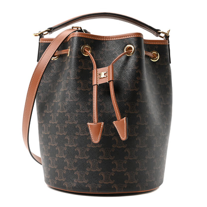 Celine Triomphe Canvas Calfskin Clara Drawstring Bucket Bag Tan 1 of 9