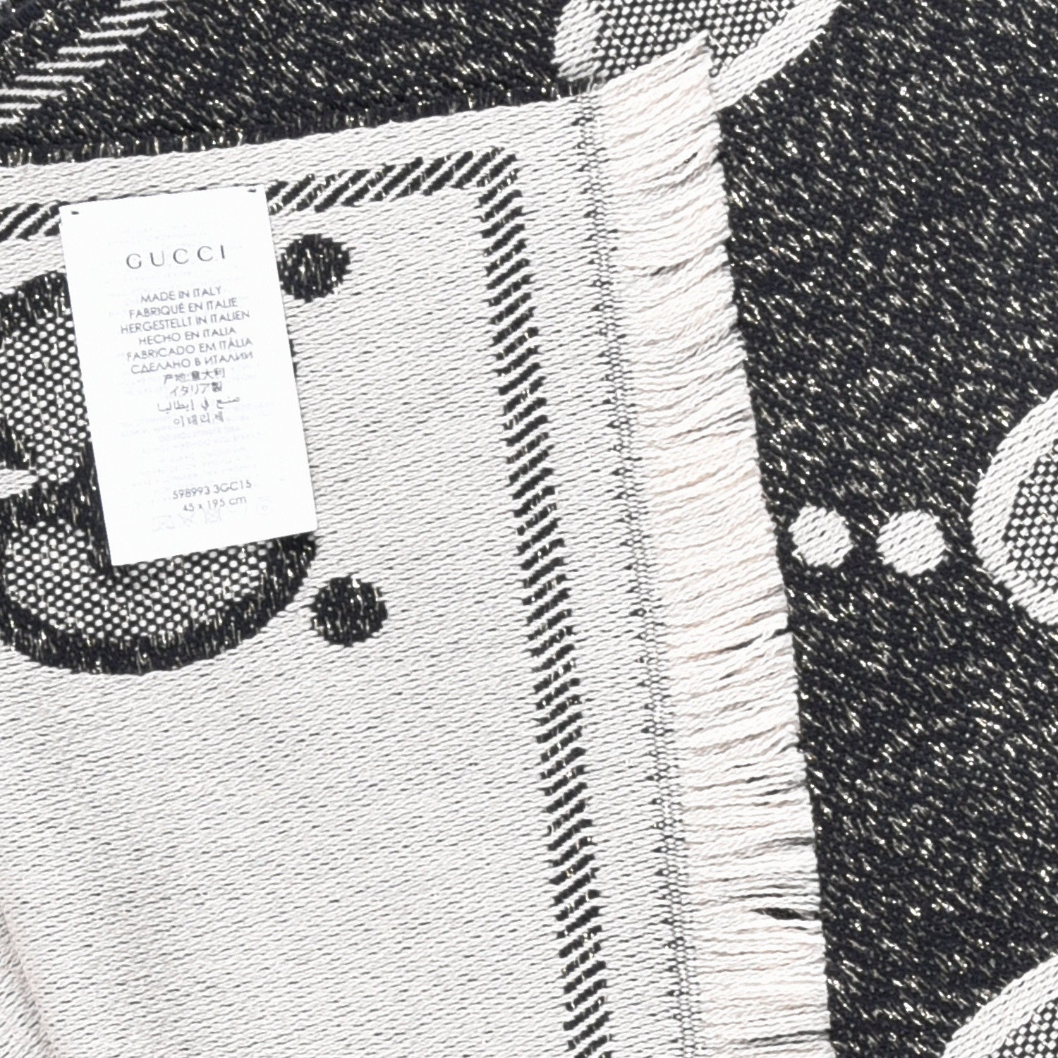 Gucci Wool Lame Jacquard Monogram Jumbo GG Lady Nest Lux Scarf Black Ivory 3 of 4