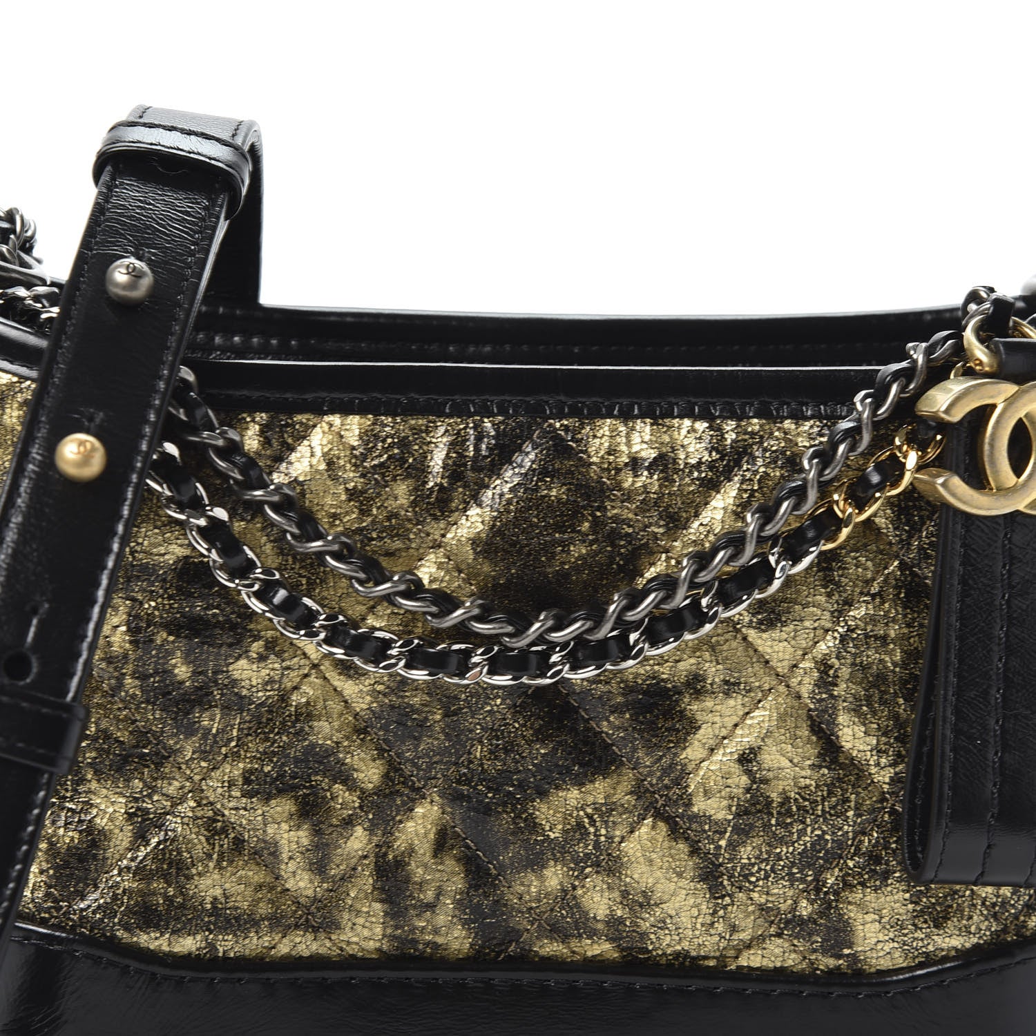 Chanel Metallic Crumpled Goatskin Quilted Small Gabrielle Hobo Black Gold 9 of 9
