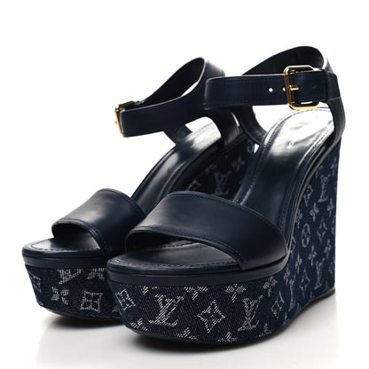 Louis Vuitton Calfskin Monogram Denim Waterfall Wedge Sandals 38 Blue 3 of 10