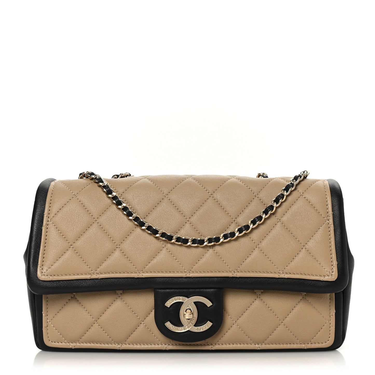 Calfskin Quilted Medium Graphic Flap Beige Black