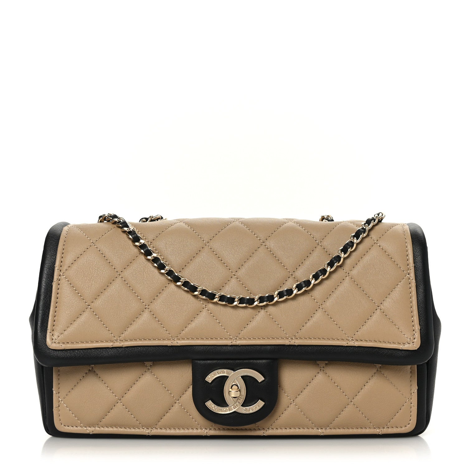 Chanel Calfskin Quilted Medium Graphic Flap Beige Black 1 of 10