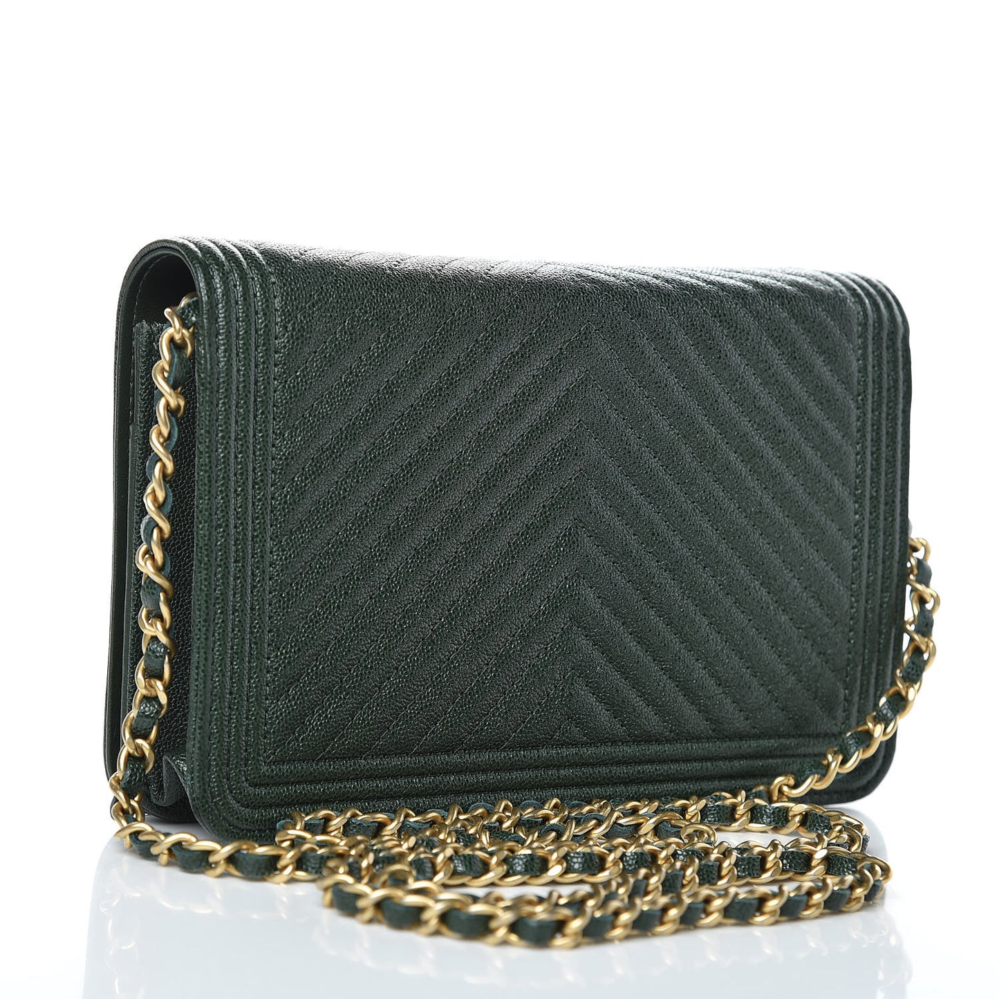 Caviar Chevron Quilted Boy Wallet On Chain WOC Green