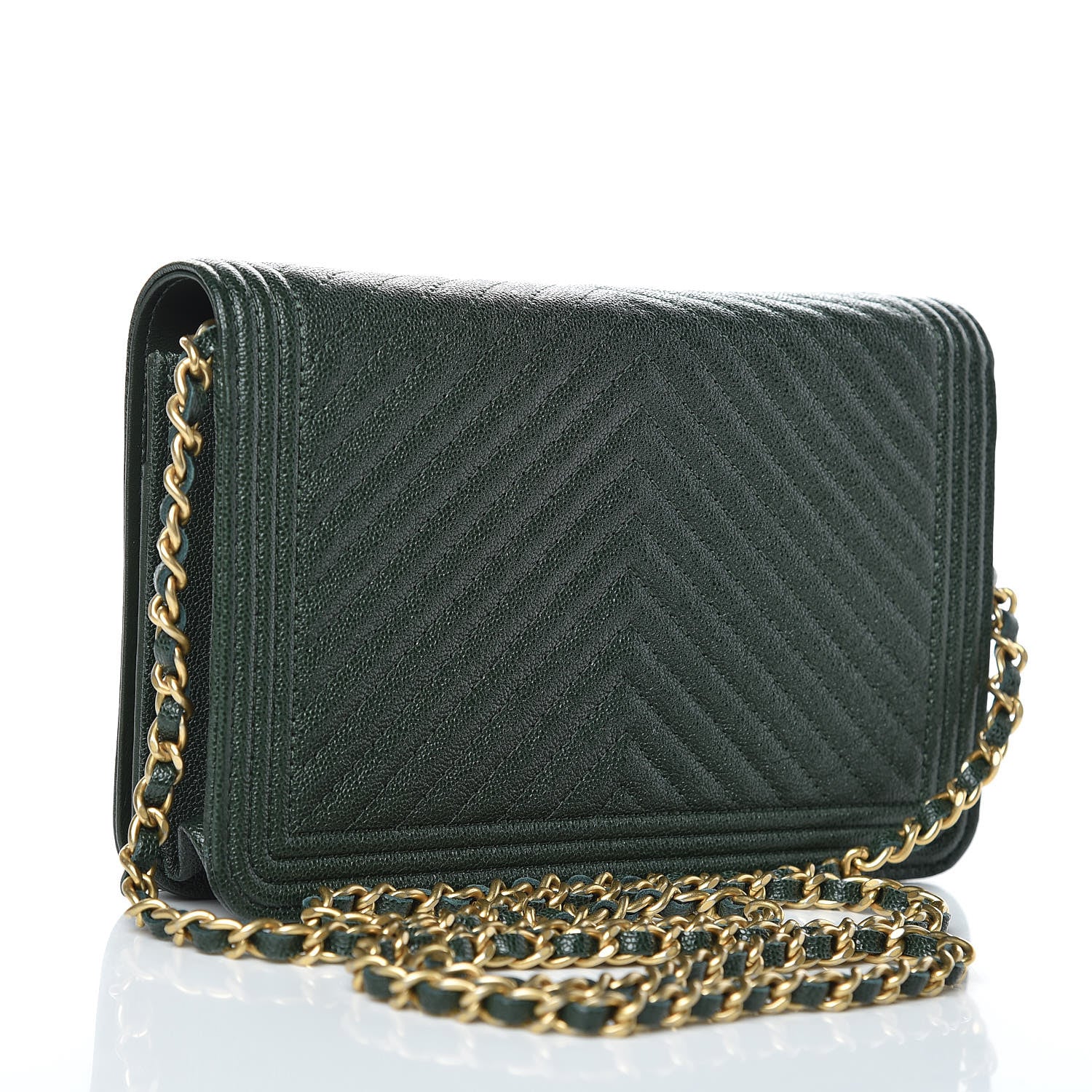 Chanel Caviar Chevron Quilted Boy Wallet On Chain WOC Green 3 of 9
