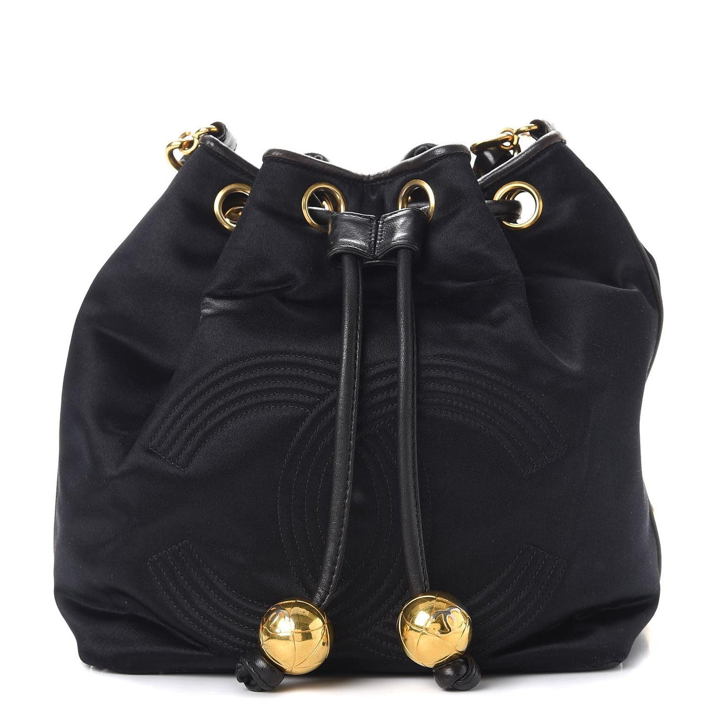 Satin CC Drawstring Bucket Bag Black