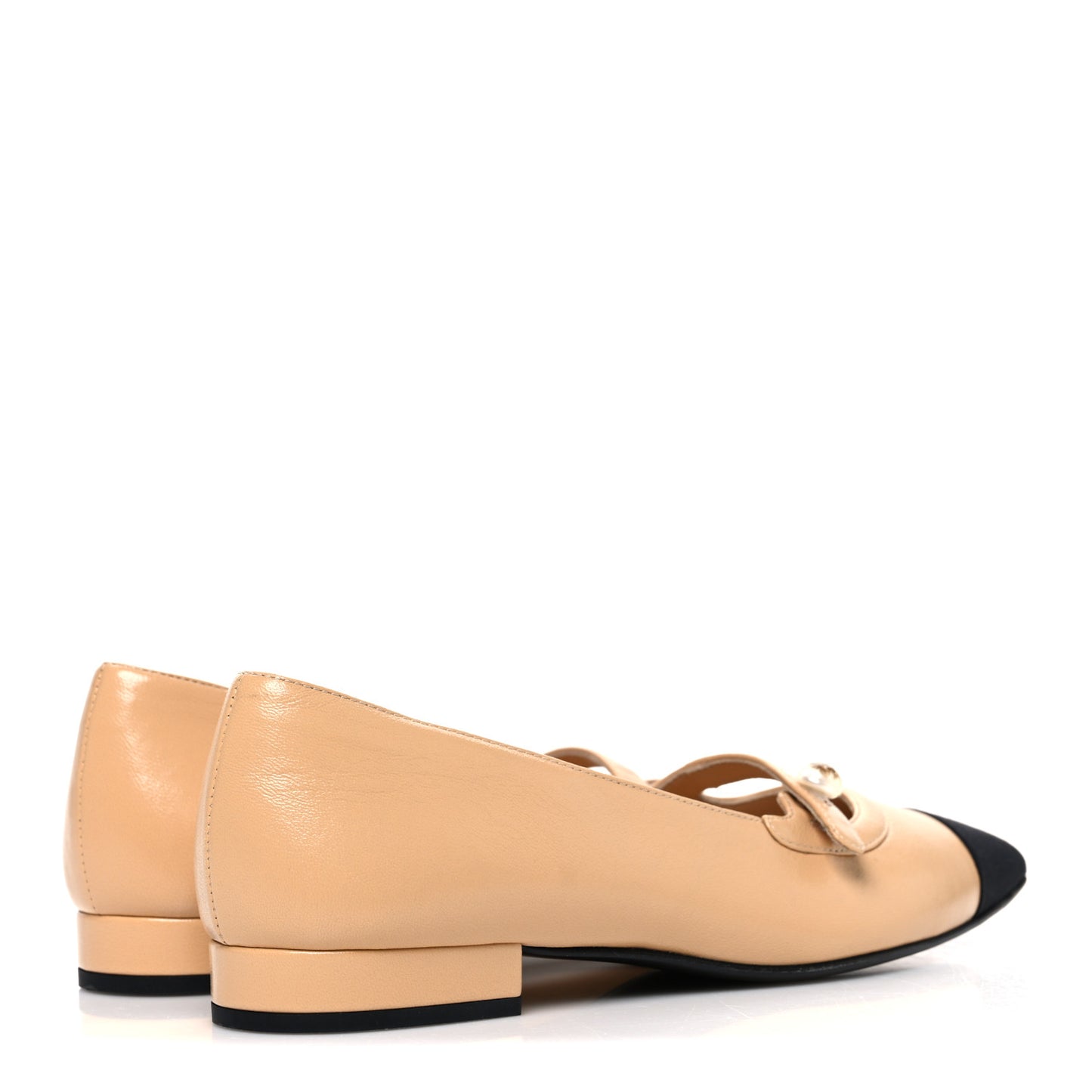 Shiny Lambskin Grosgrain Pointed Toe CC Ballet Flats 36 Beige Black