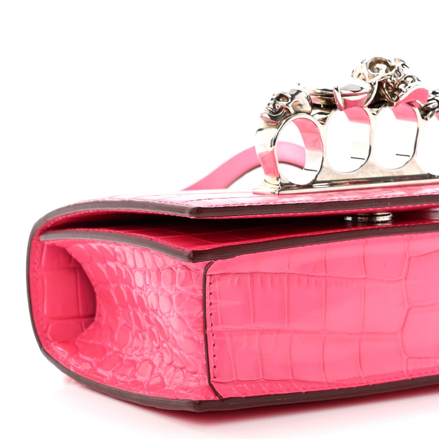Shiny Crocodile Embossed Jeweled Satchel Peony Pink