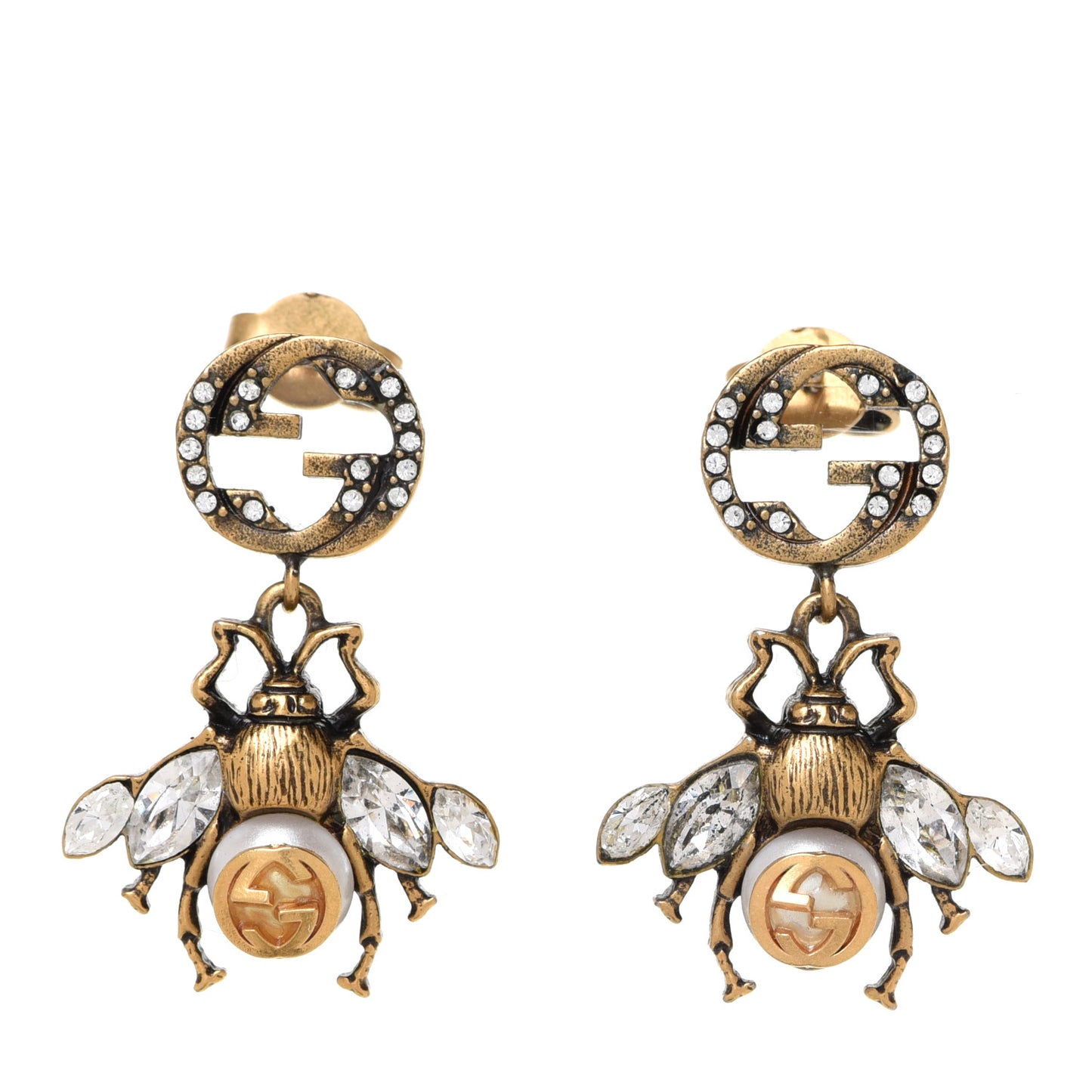 Crystal Pearl GG Drop Bee Earrings Gold