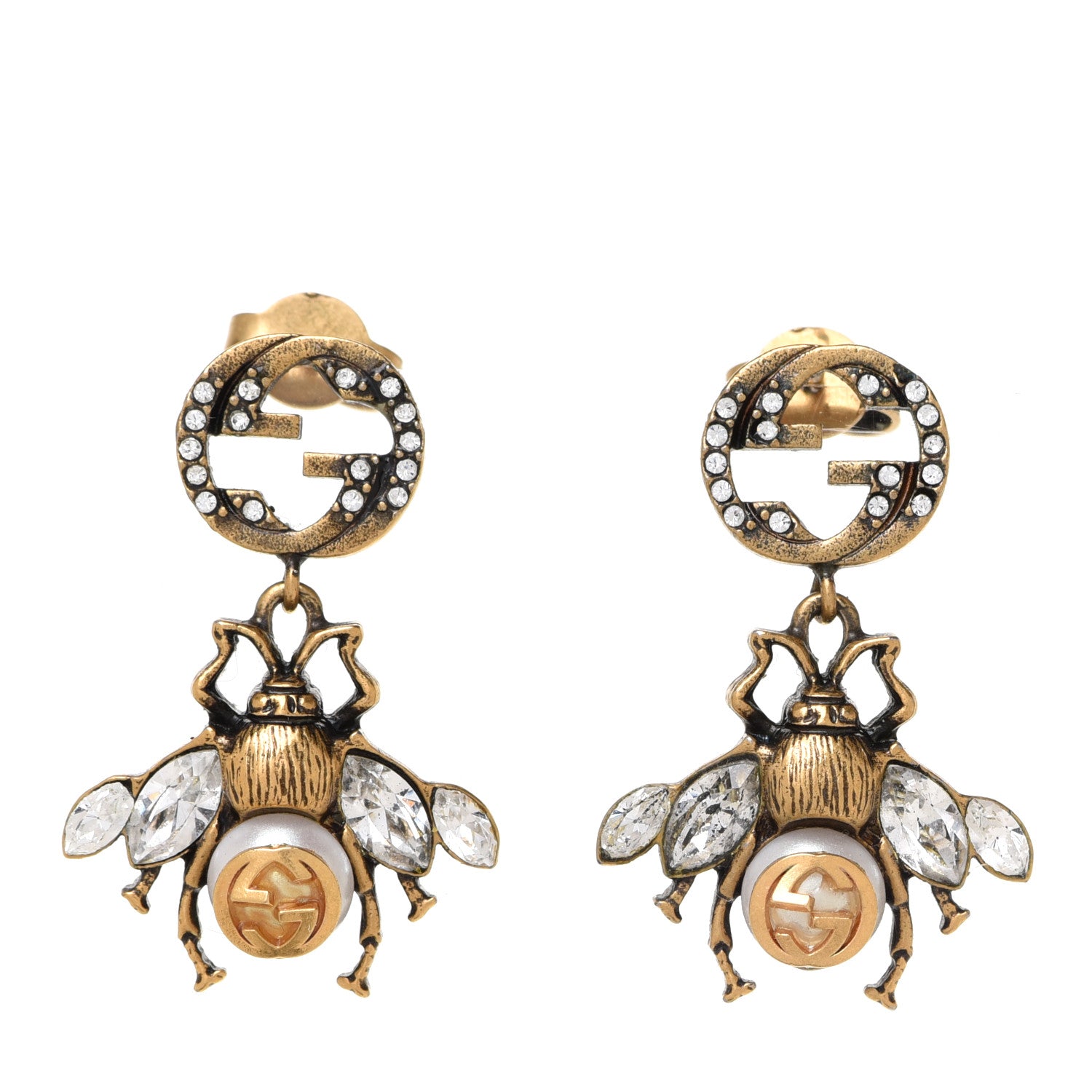 Gucci Crystal Pearl GG Drop Bee Earrings Gold 1 of 5