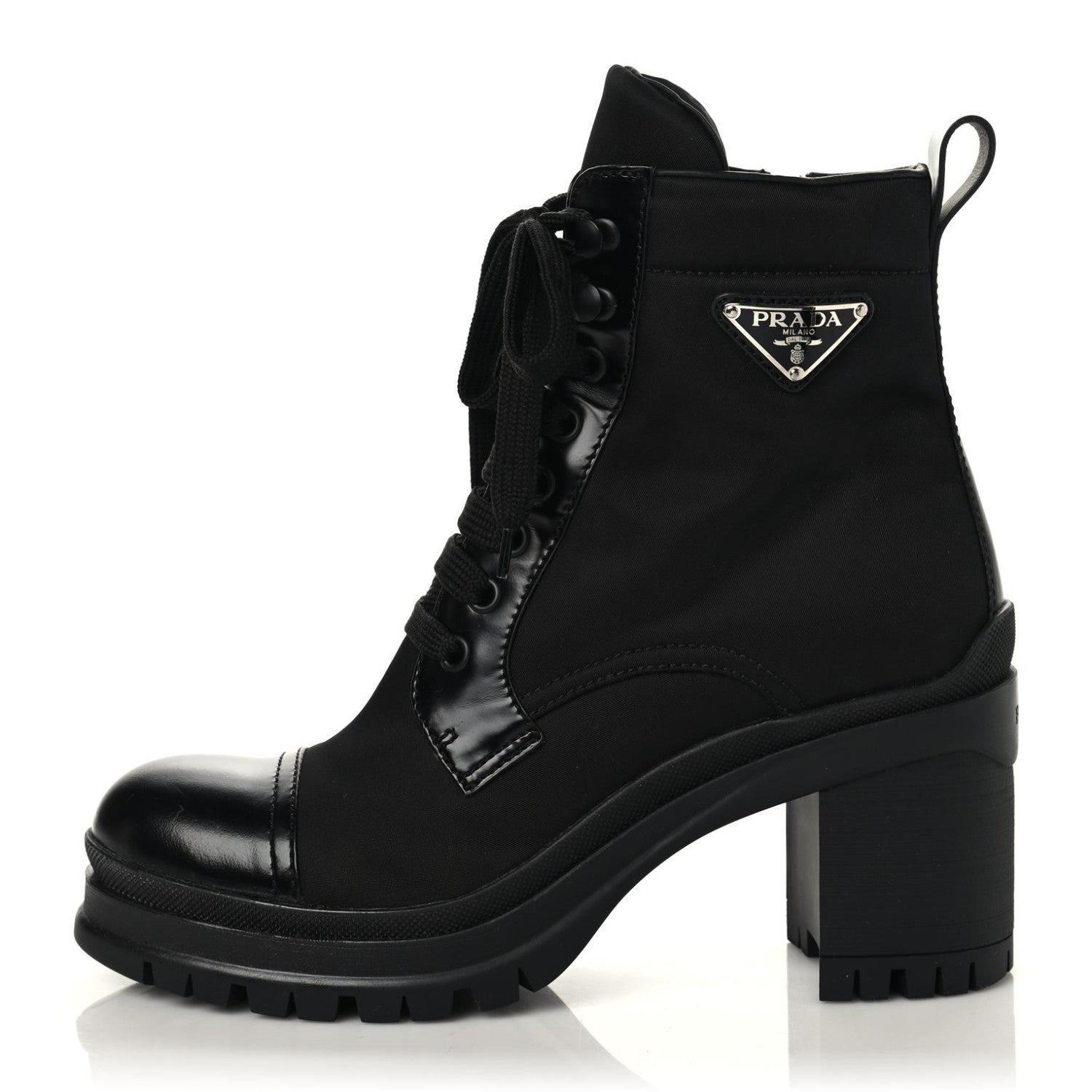 Prada Spazzolato Re-Nylon Metal Triangle Logo Lace Up 85mm Boots 37.5 Black 1 of 9