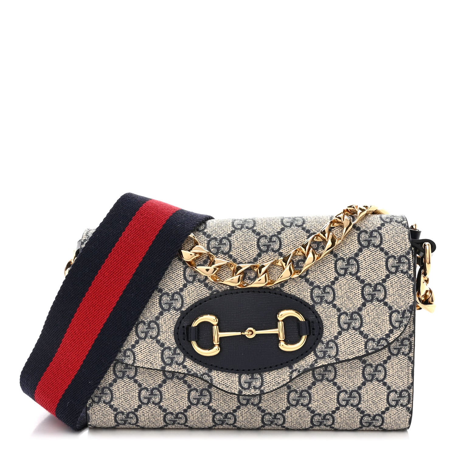 Gucci GG Supreme Monogram Azalea Calfskin Web Mini Horsebit 1955 Chain Shoulder Bag Beige Blue 1 of 9